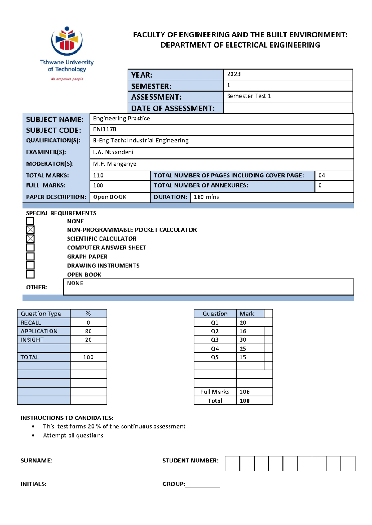 ENI317B Engineering Practice Semester Test 1 - Practice Test 2023 - Studocu