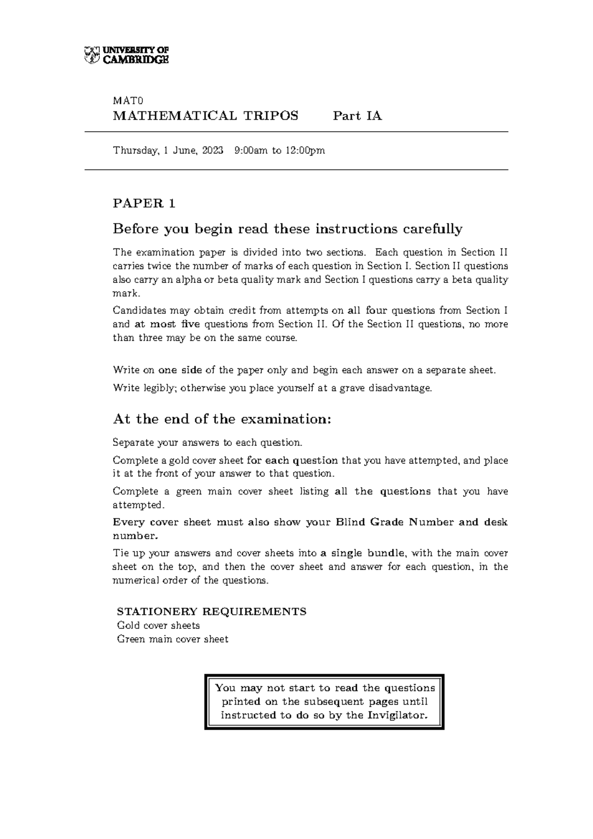 Paperia 1 2023 - Test 1 - MAT MATHEMATICAL TRIPOS Part IA Thursday, 1 ...