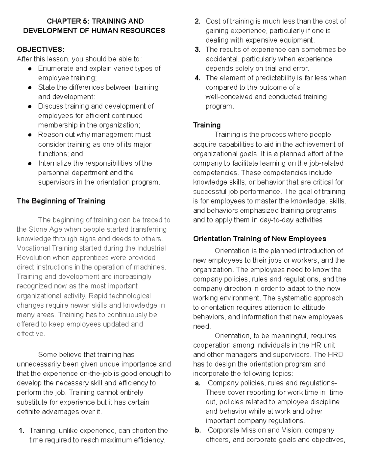 Chapter 5: Training & Development of HR (HRM-101) - Studocu