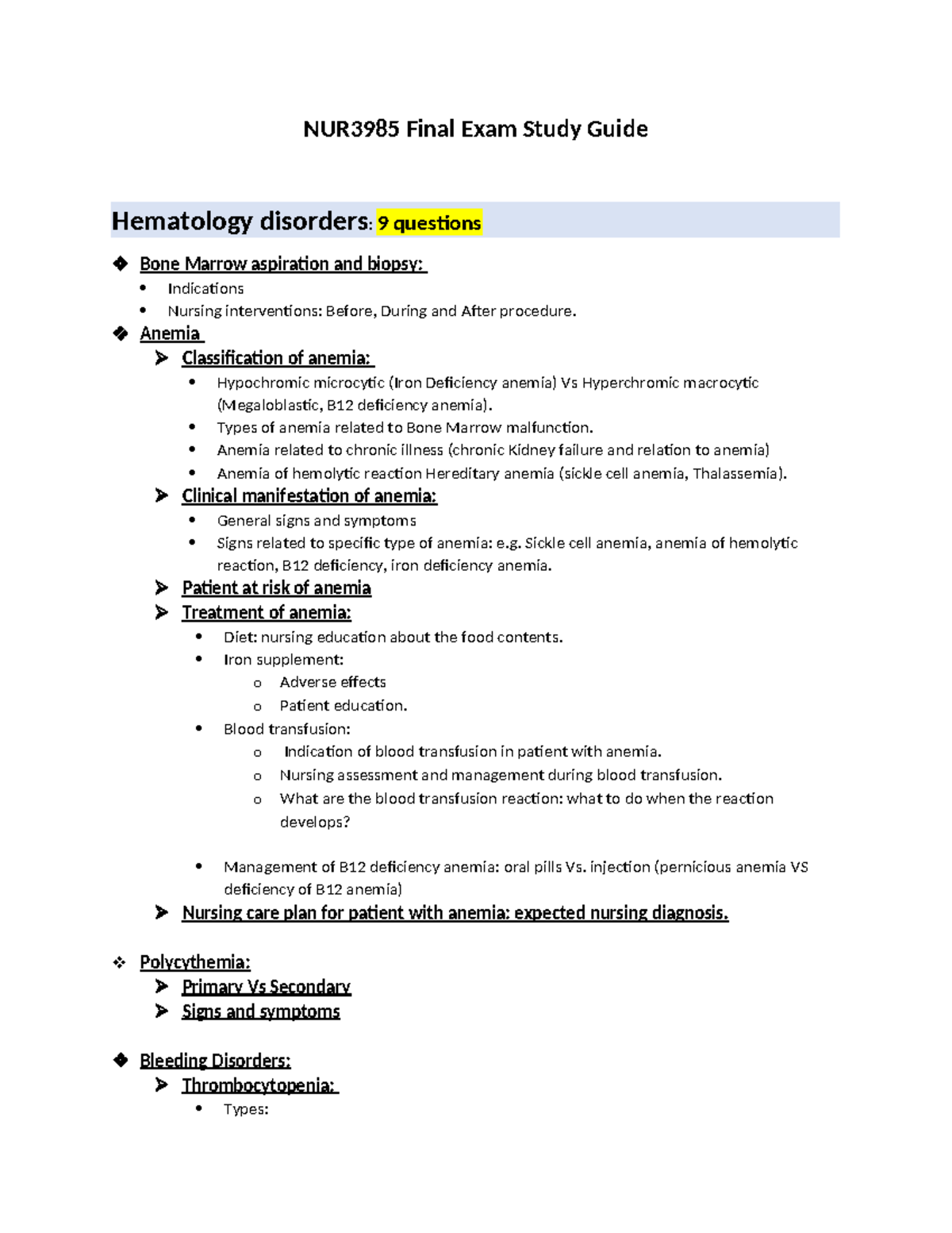 NUR3985 Final Exam Study Guide: Comprehensive Review of Hematology ...