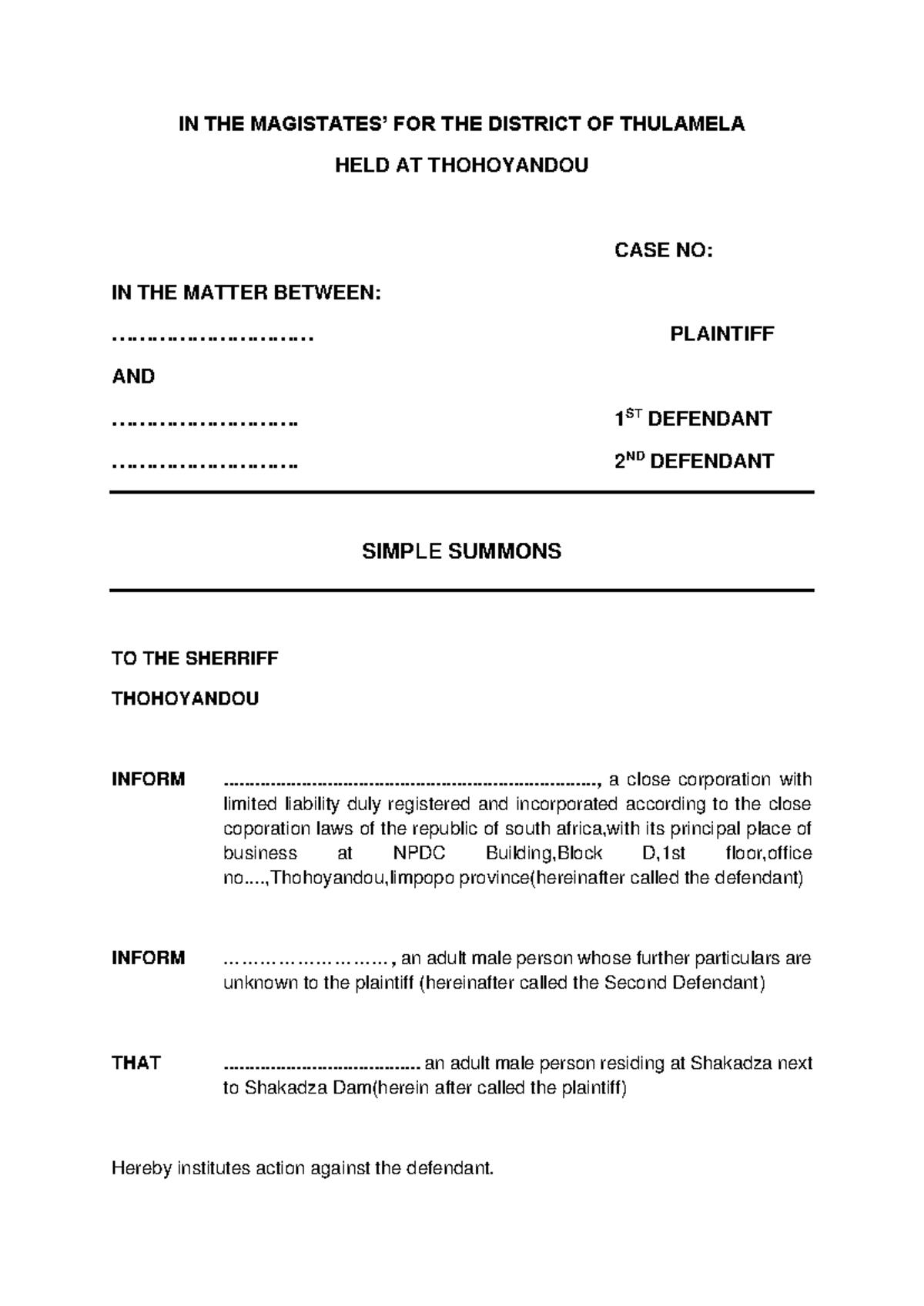 Draft of Simple Summons for Case No. [Insert Case Number] in ...