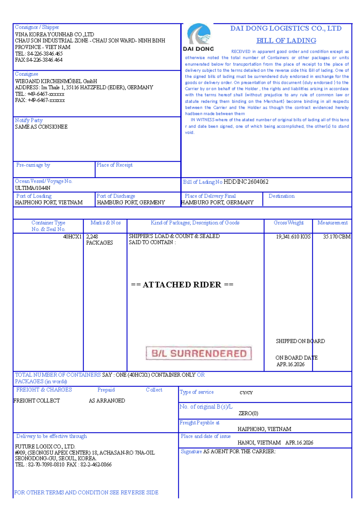Bill of Lading HDDINC2604062 - DAI DONG LOGISTICS Shipment Details ...