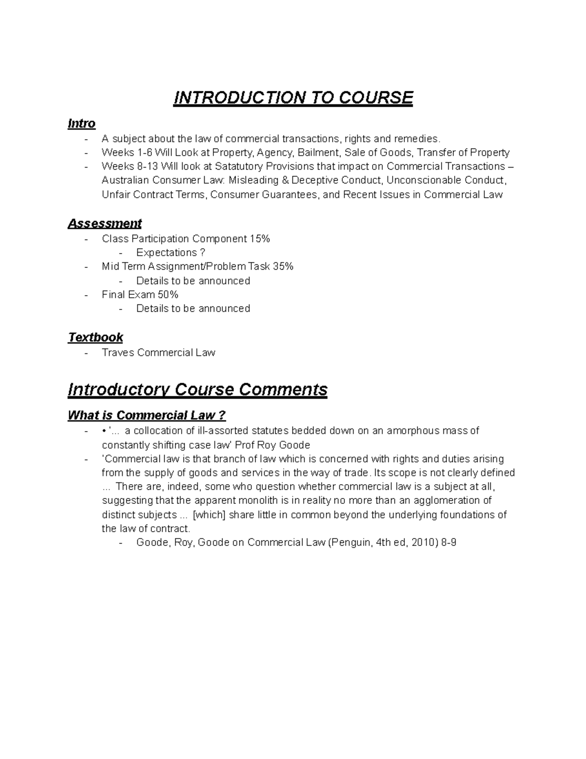 Week 1: Intro to Commercial Law (LAW101) - Key Concepts and Principles ...