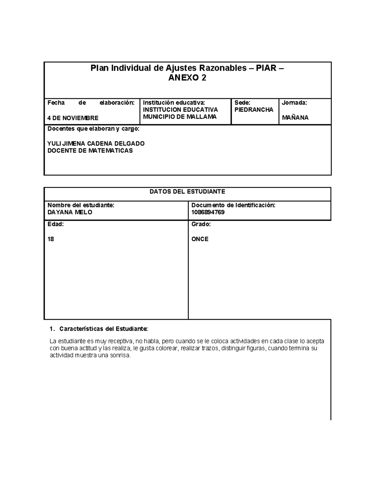 Plan Individual de Ajustes Razonables PIAR para Dayana Melo - Studocu