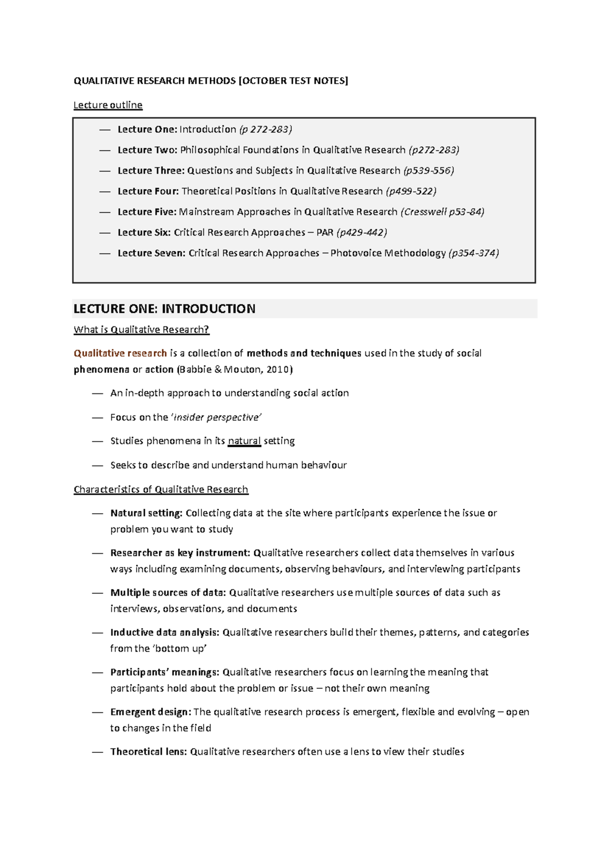 QUALITATIVE RESEARCH METHODS PSY2015F: Lecture Notes Overview - Studocu