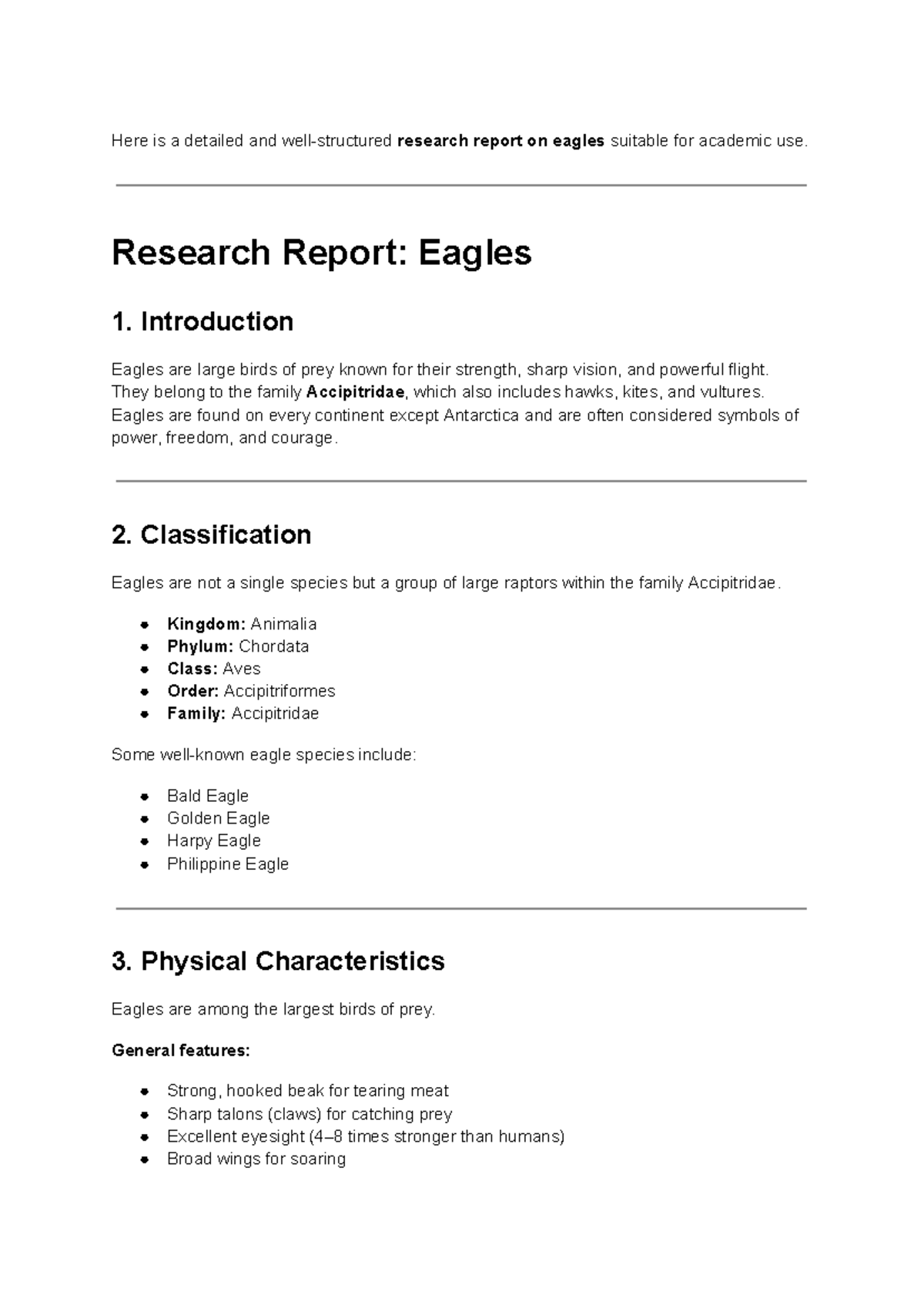 Research Report: Eagles - A Comprehensive Study on Raptors - Studocu