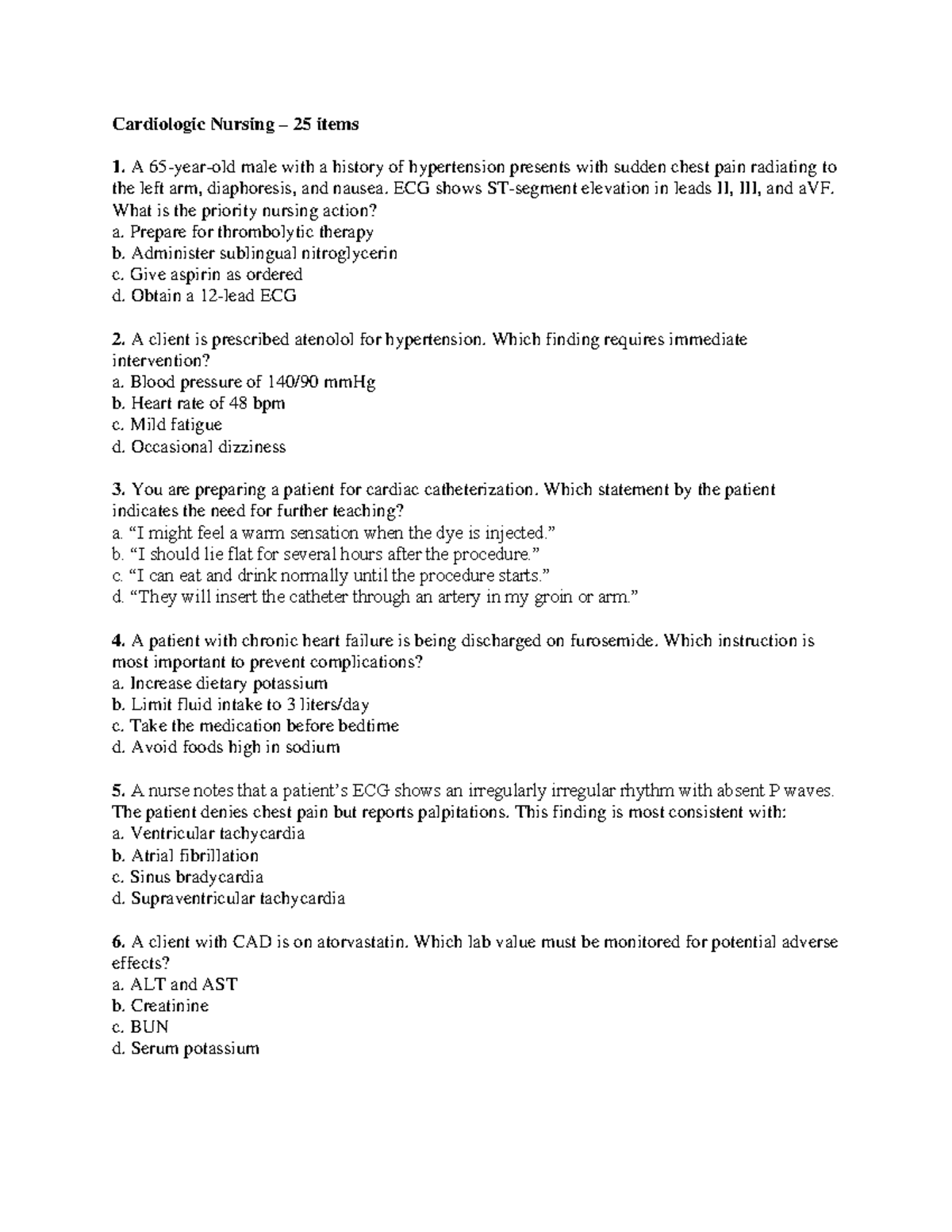 Cardio & Hema Nursing Exam Review - Key Concepts & Questions - Studocu