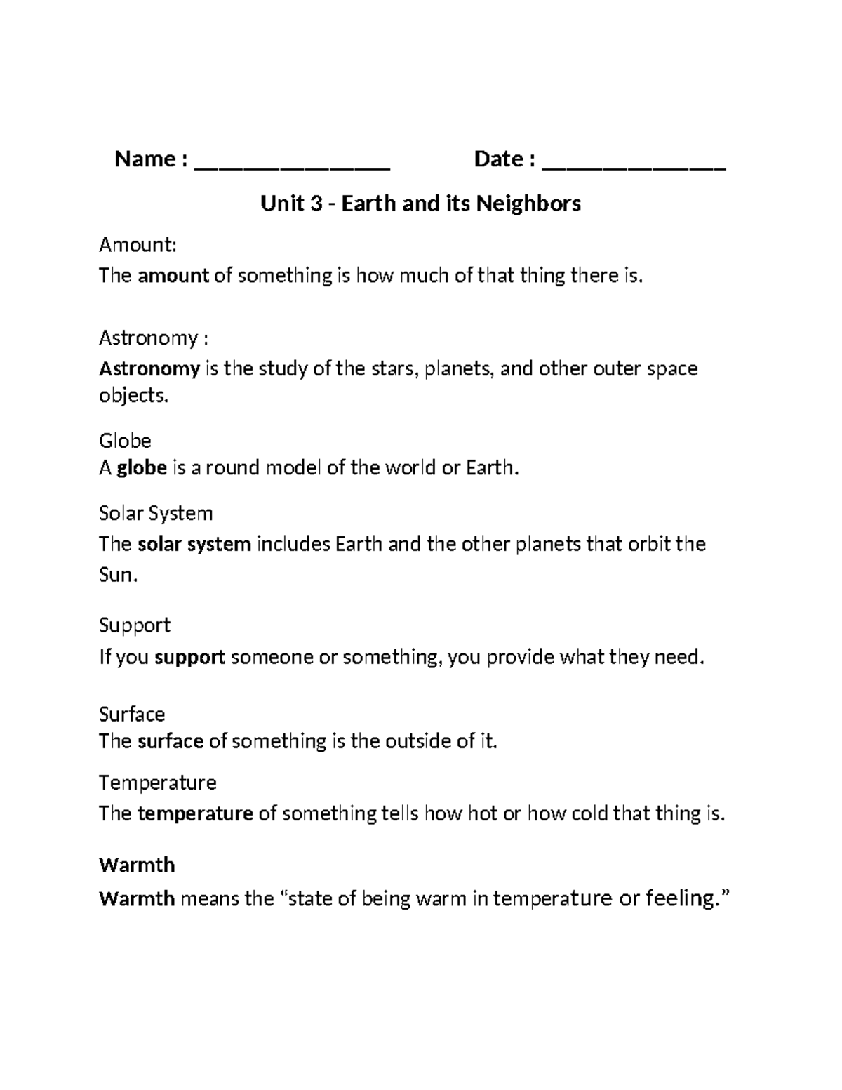 Unit 3 - Vocabulary: Earth, Solar System, and Astronomy Terms - Studocu