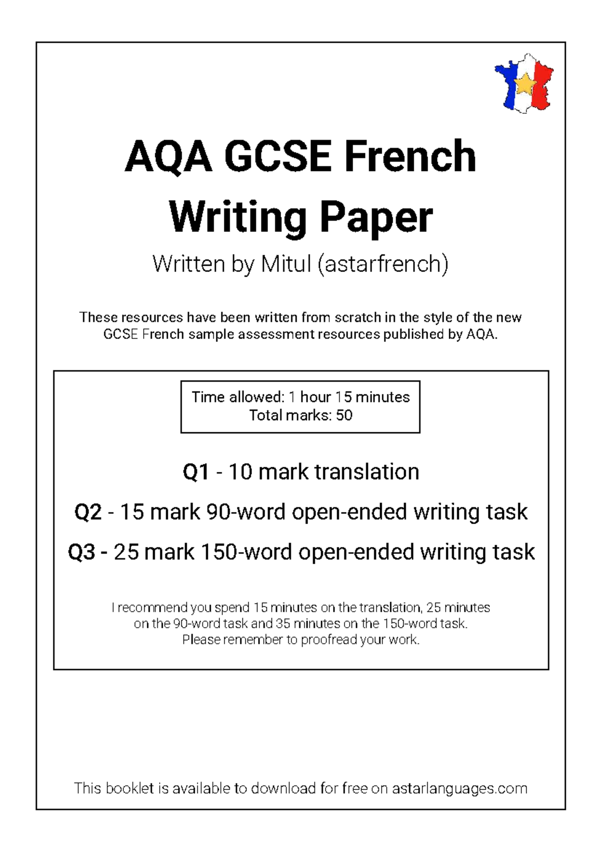 AQA GCSE French 8652 Writing Paper Guide by astarfrench - Studocu