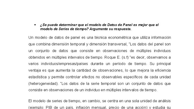 Comparativa entre Modelos de Datos de Panel y Series de Tiempo - Studocu
