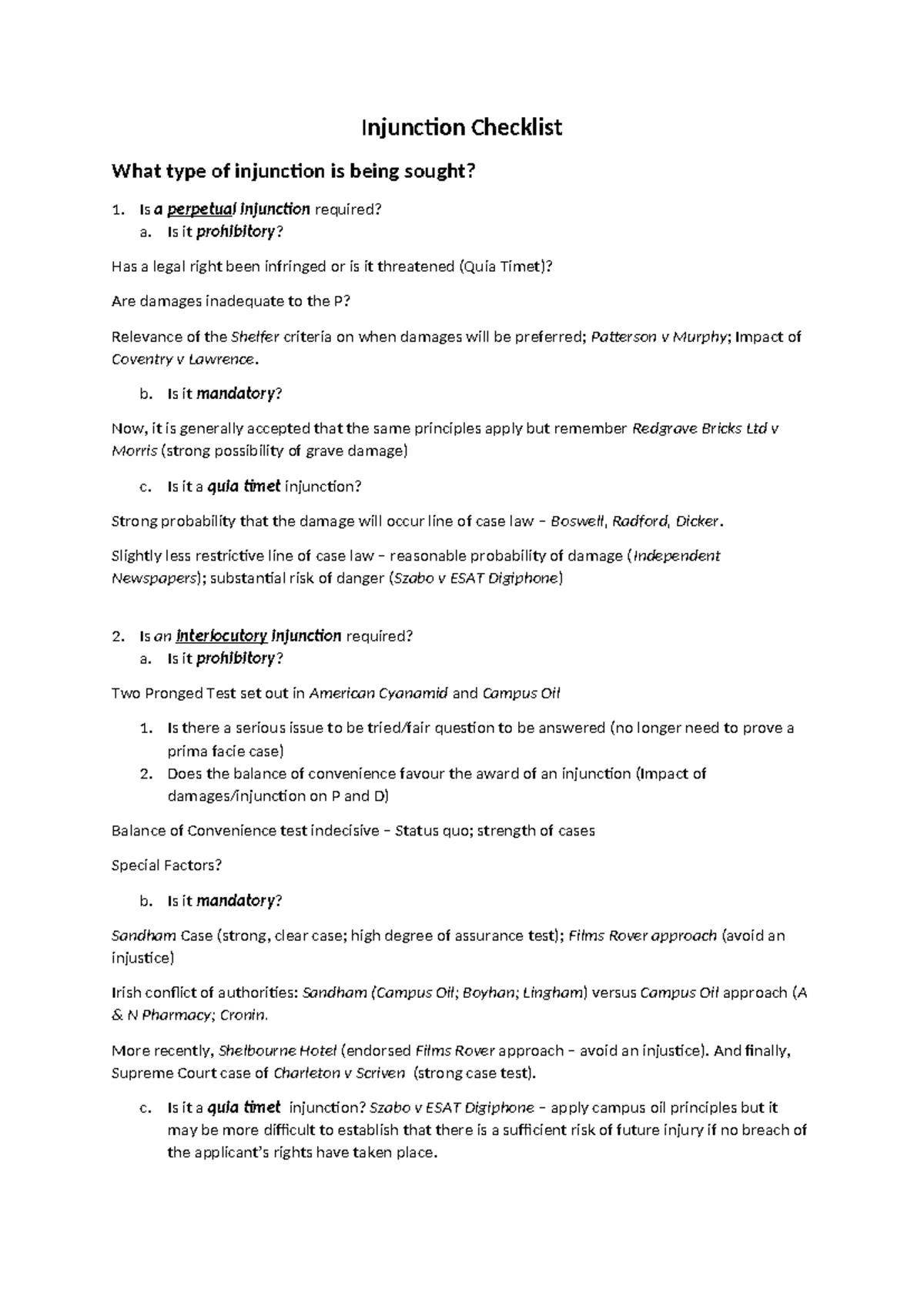 Injunctions Handout: Types and Requirements Checklist - Studocu