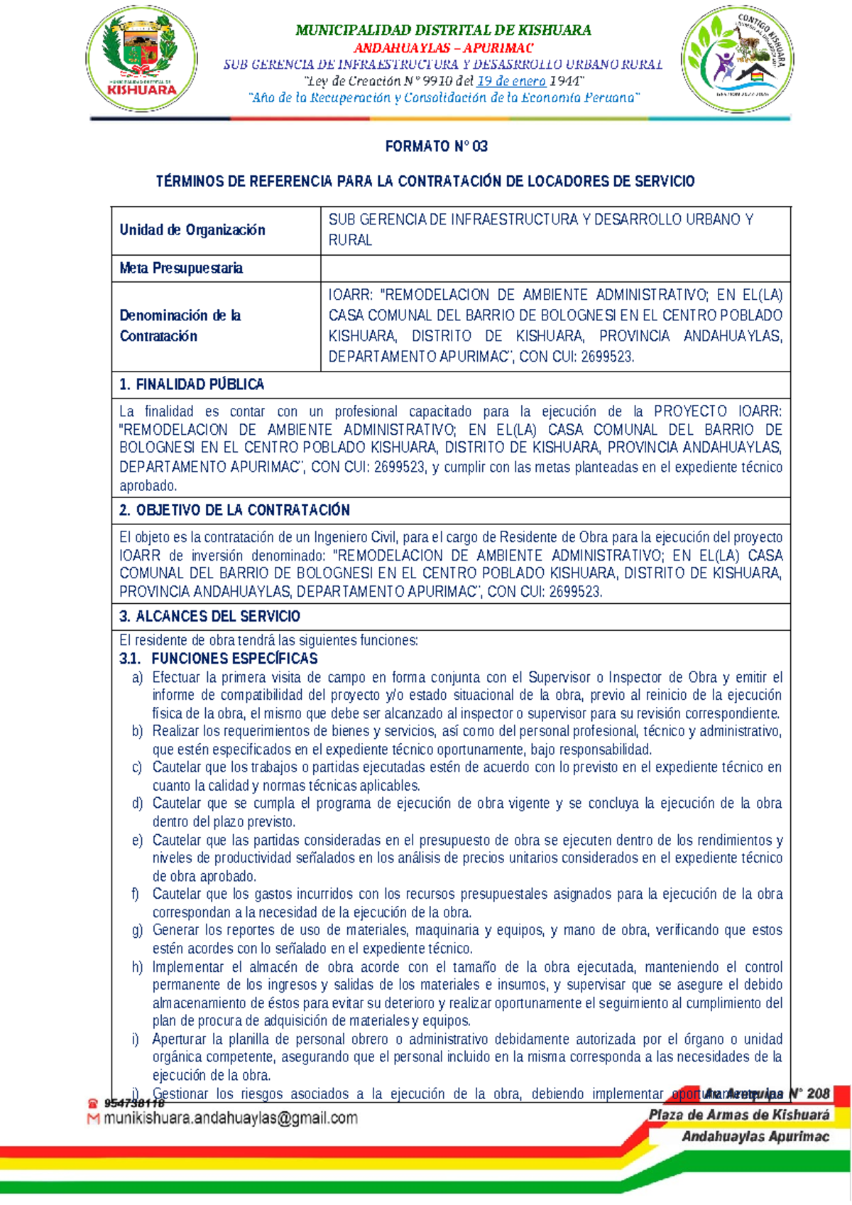 TDR para la Contratación de Residente de Obra - IOARR Bolognesi - Document Preview