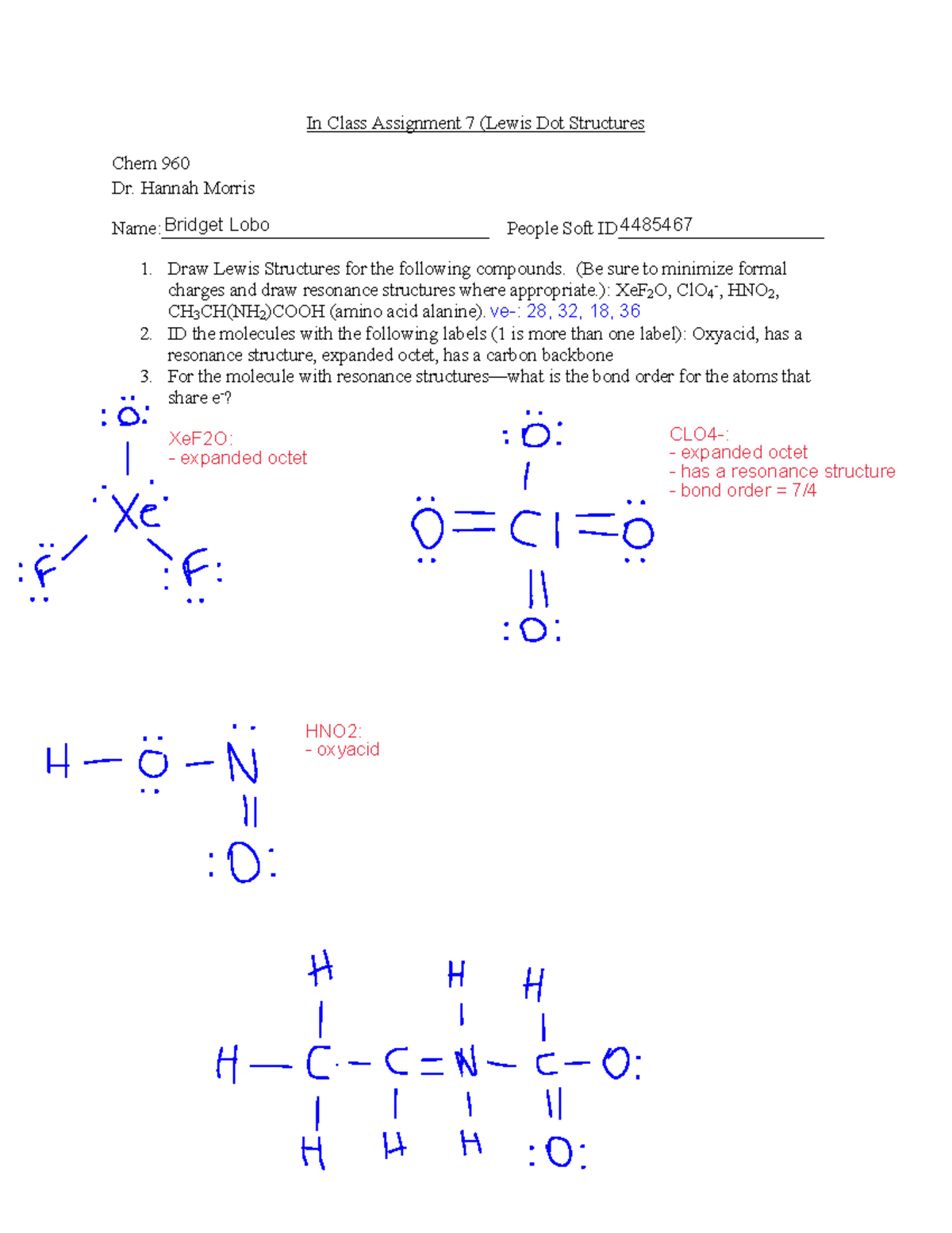 7- lewis dot structures - In Class Assignment 7 (Lewis Dot Structures Chem  960 Dr. Hannah Morris - Studocu, image size:1200x1553