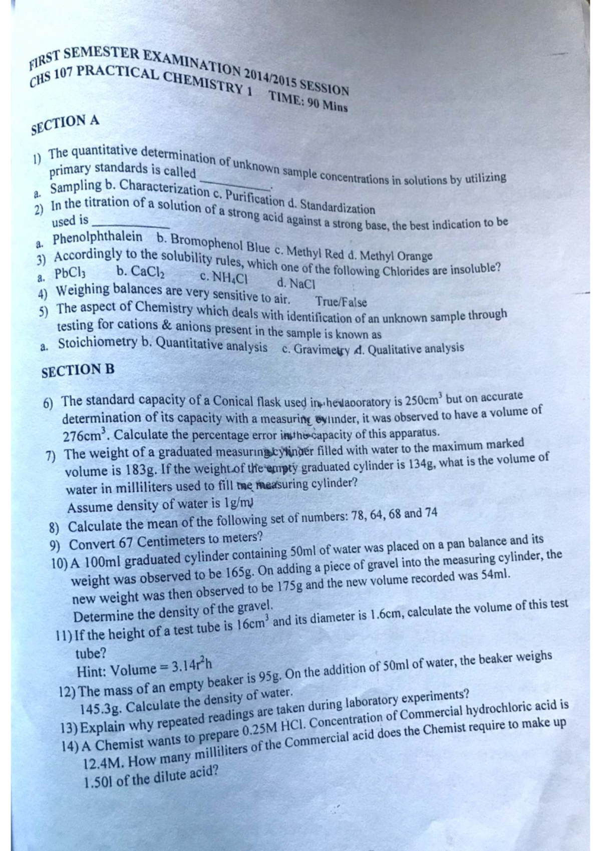 CHM107 Chemistry Practical Past Questions and Solutions - Studocu