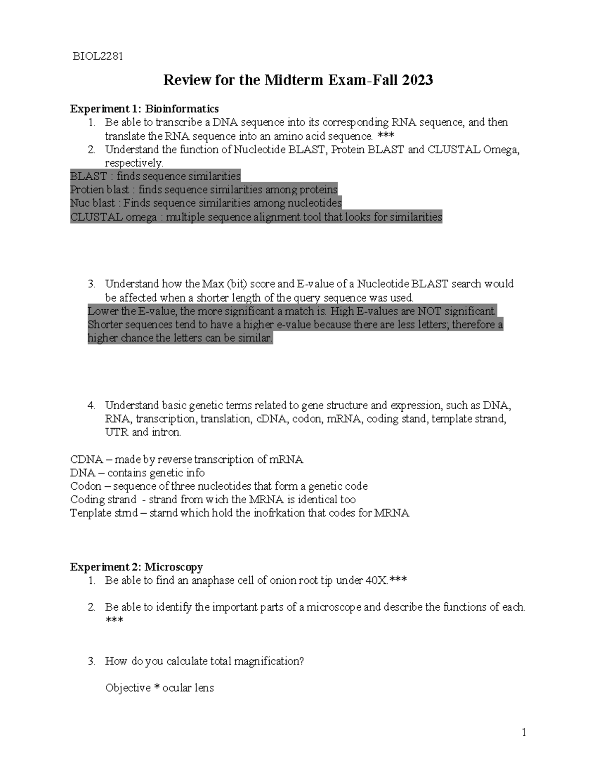 Midterm Review Guide for BIOL2281: Fall 2023 Insights - Studocu