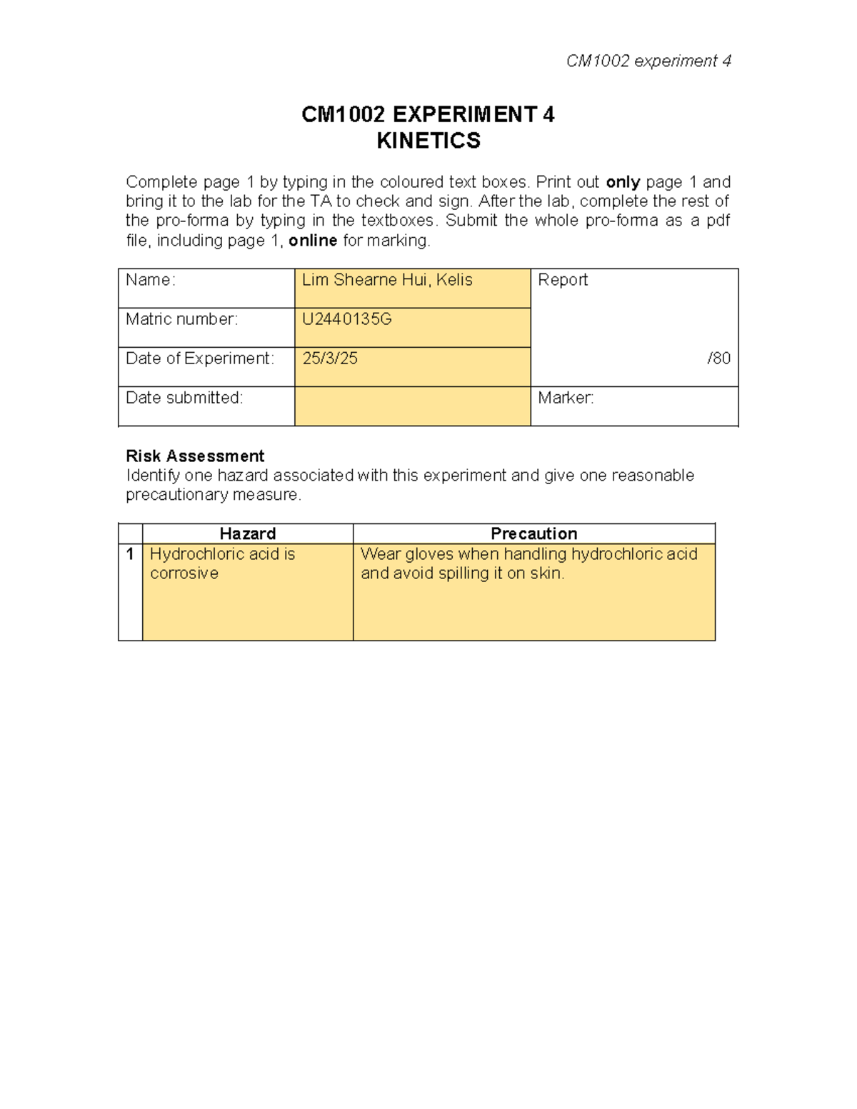 CM1002 Experiment 4: Kinetics Lab Report Submission Guidelines - Studocu