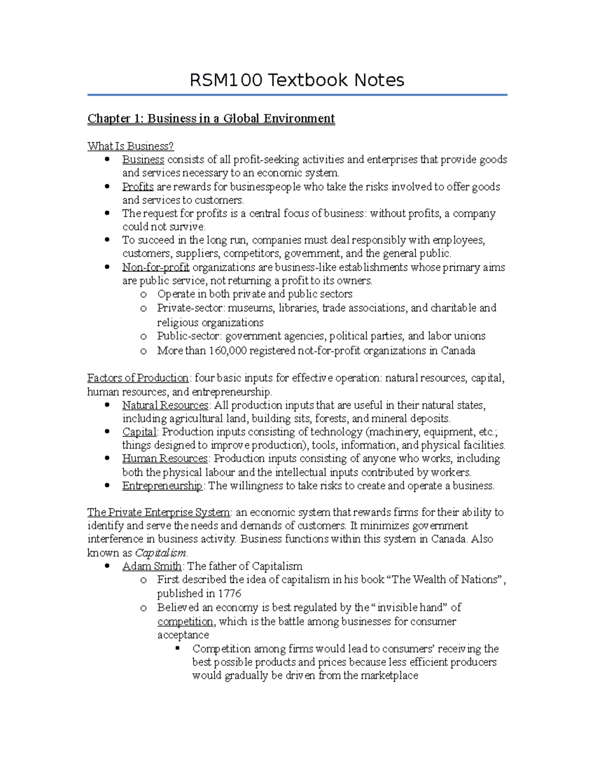 RSM100 Chapter 1 Summary: Business in a Global Environment - Studocu