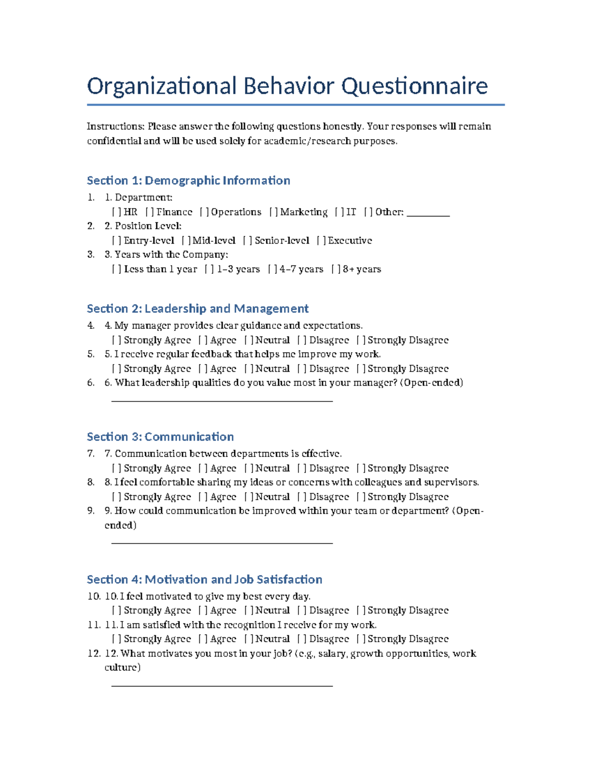 Organizational Behavior Questionnaire Instructions and Insights - Studocu