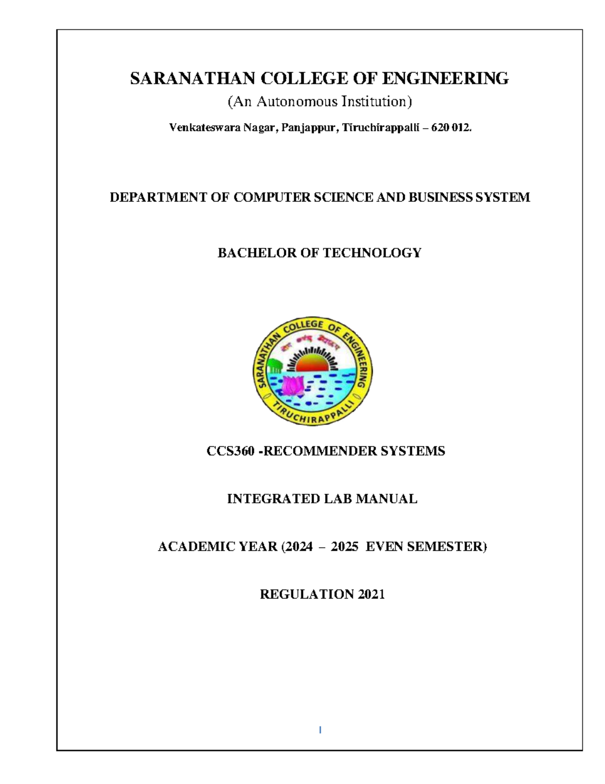 CCS360 Recommender Systems Lab Manual (2024-2025 Even Semester) - Studocu