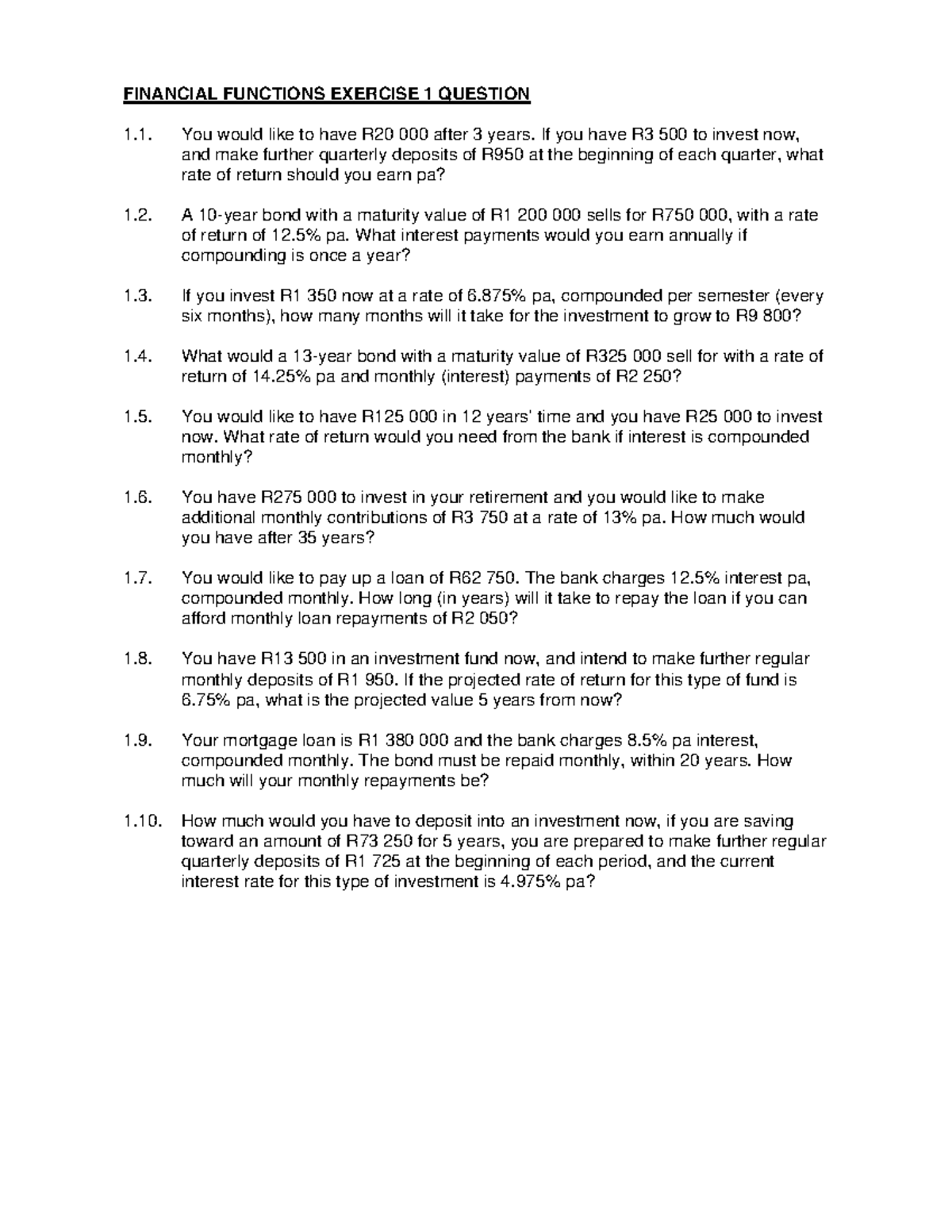 FIN 101: Financial Functions Exercise 1 Questions and Solutions - Studocu