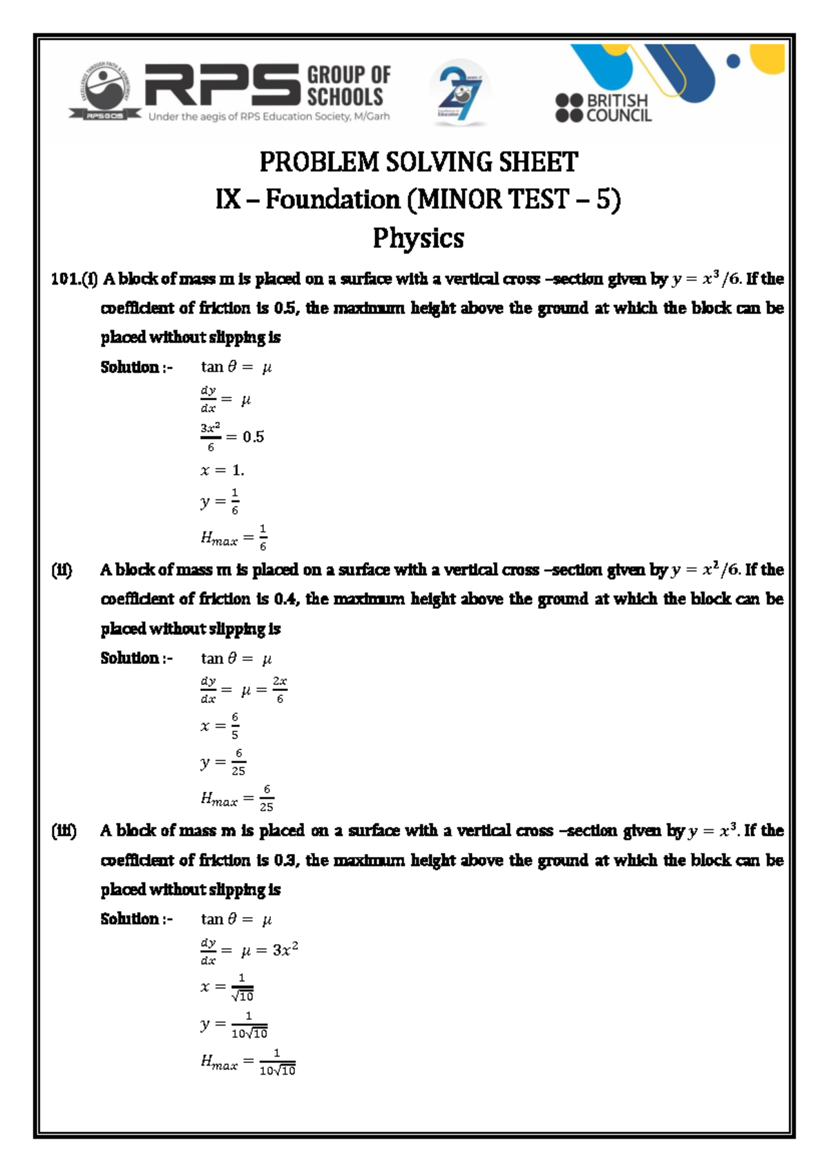 Problem Solving Sheet IX - Foundation (Minor Test 5) Physics 101 - Studocu