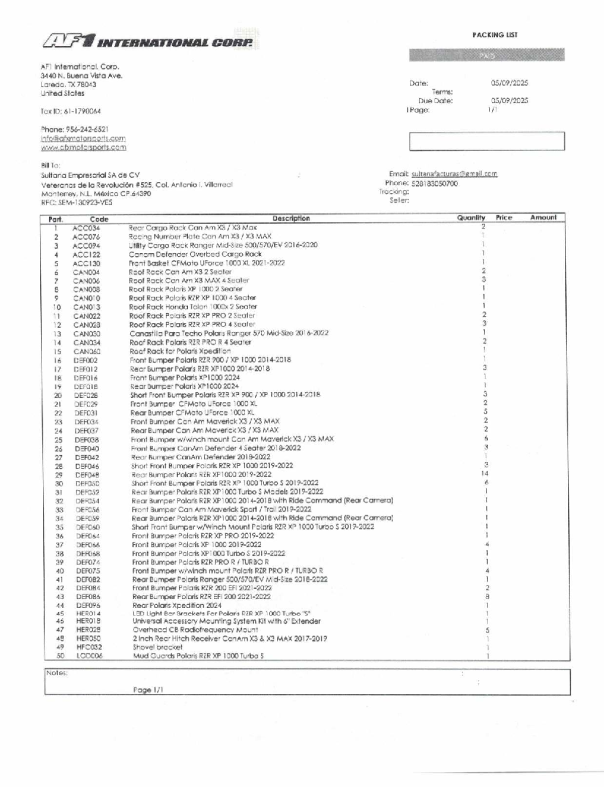 AF1 Packing List for International Corp. - Paid Invoice Details - Studocu