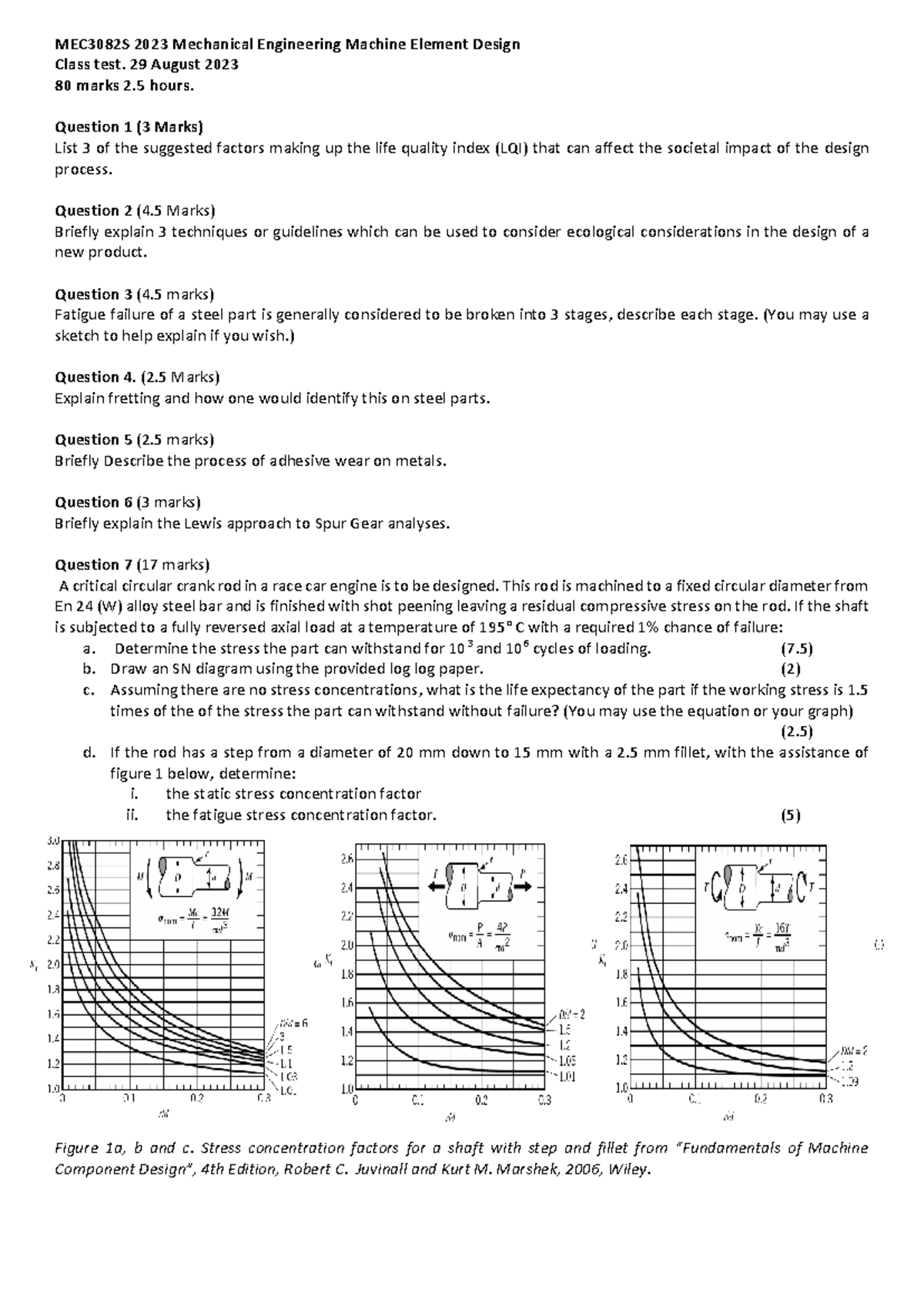 MEC3082S 2023 Class Test: Machine Element Design Exam Questions - Studocu