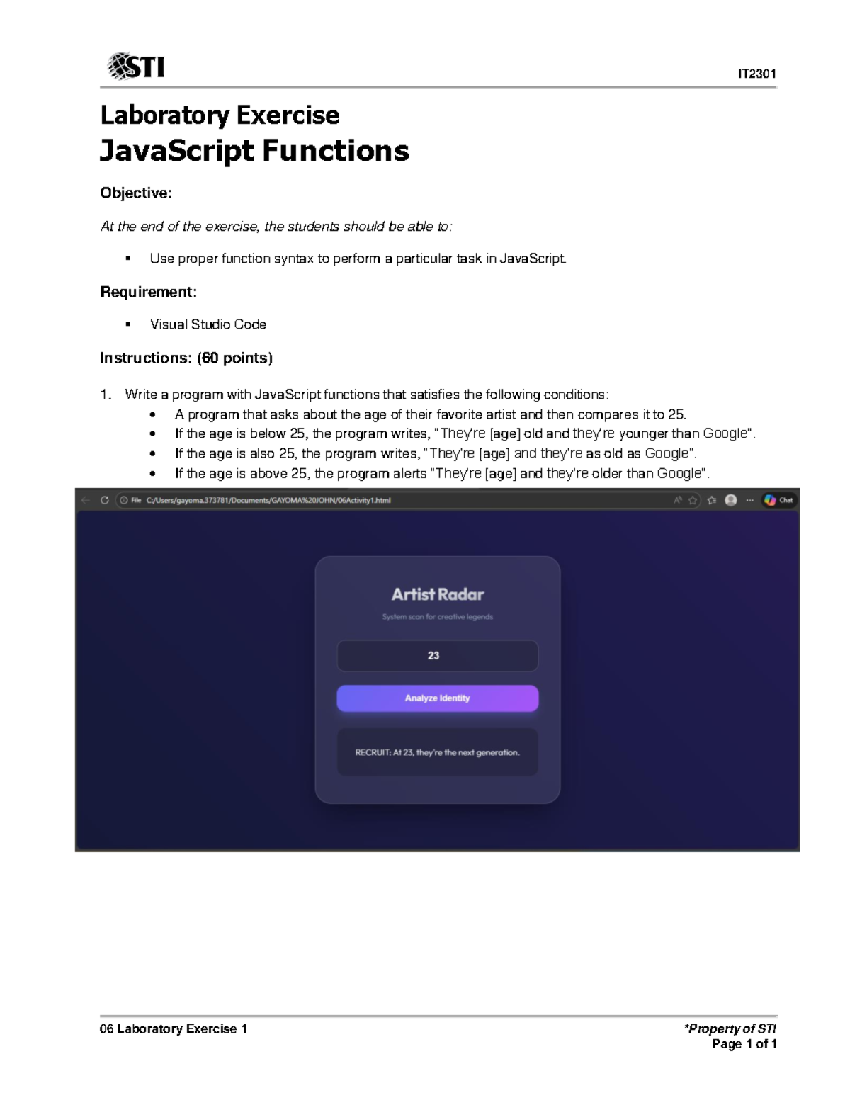 IT2301 Lab Exercise: JavaScript Functions and Syntax - Studocu