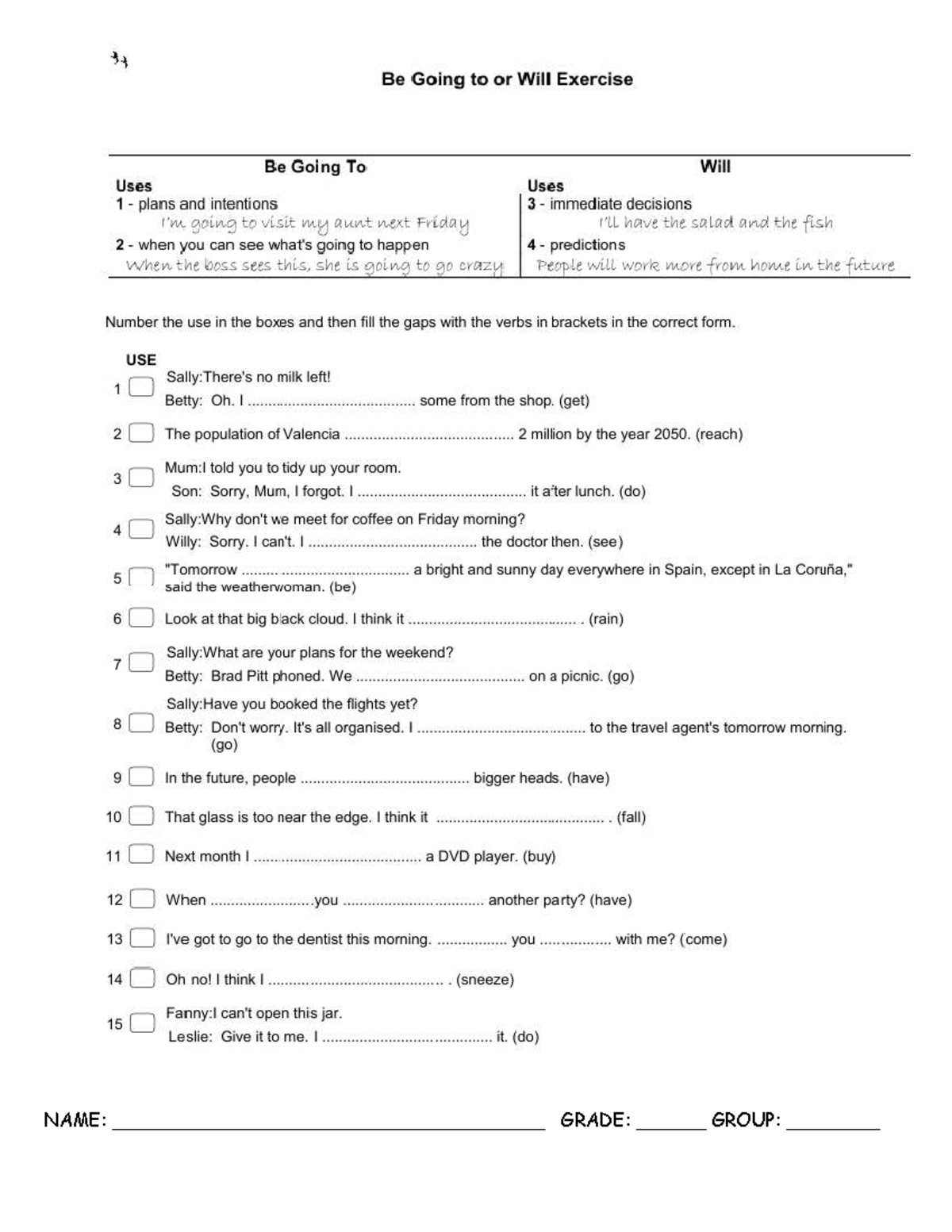 Future Tense Worksheet: Be Going To vs Will Exercises - Studocu
