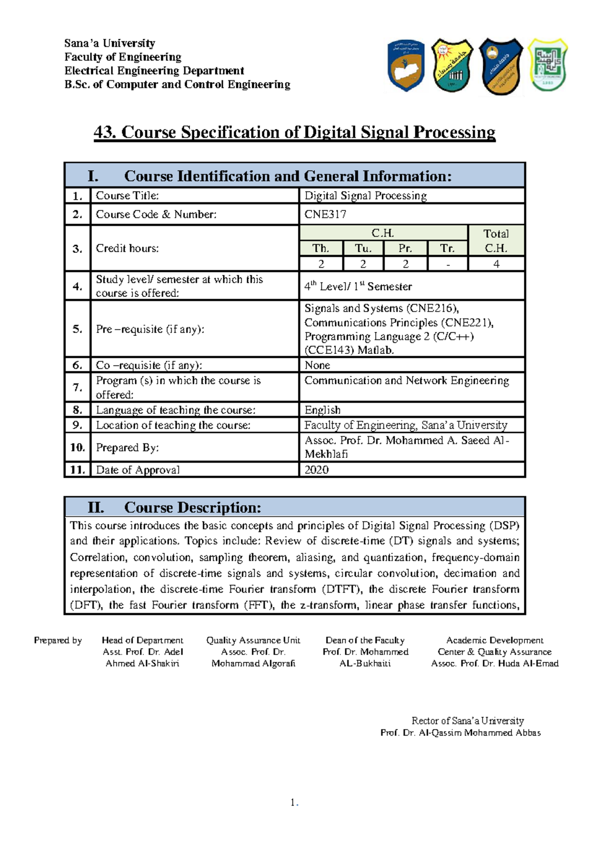 CNE317 Digital Signal Processing I Course Specification and Overview ...