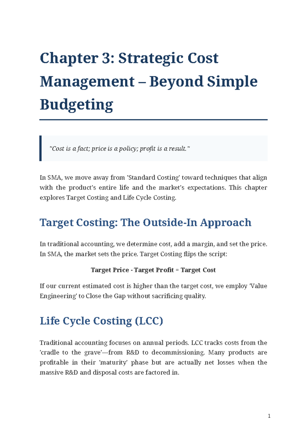 Chapter 3: Strategic Cost Management in SMA - Target & Life Cycle ...