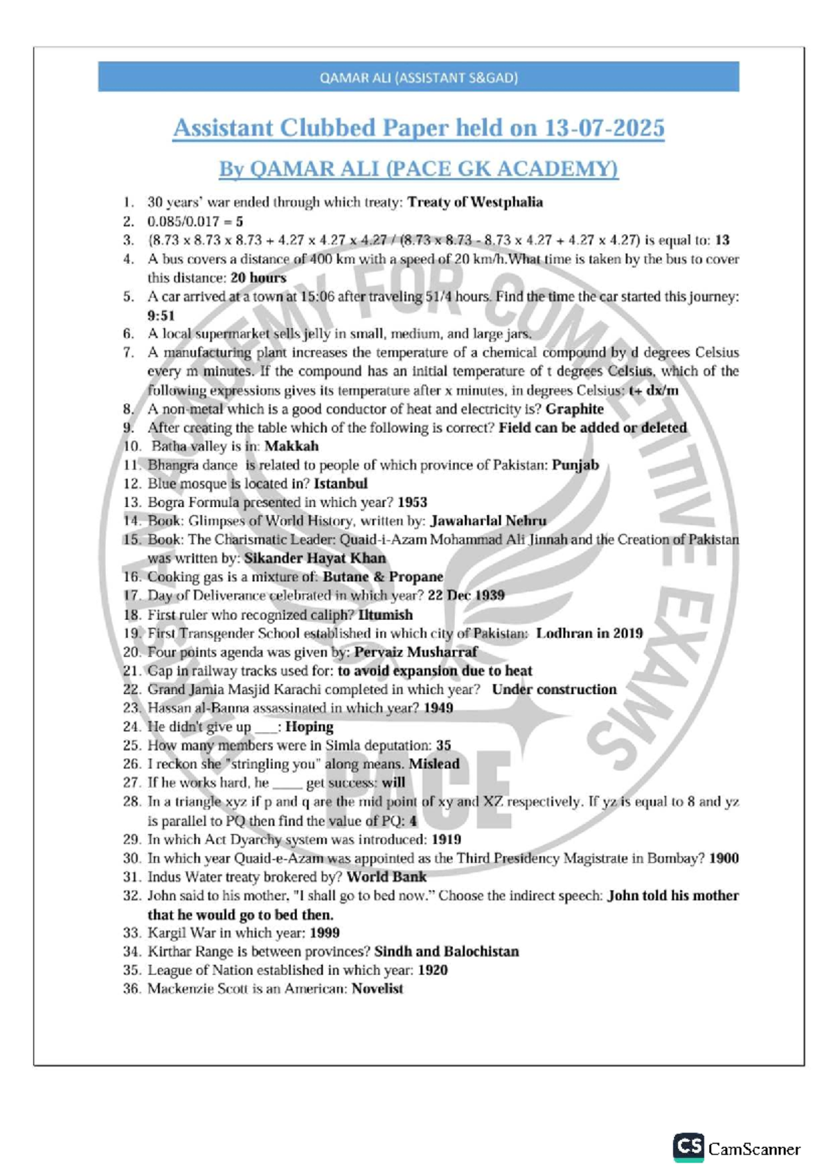 QAMAR ALI (PACE GK ACADEMY) Assistant Clubbed Paper Notes - Studocu