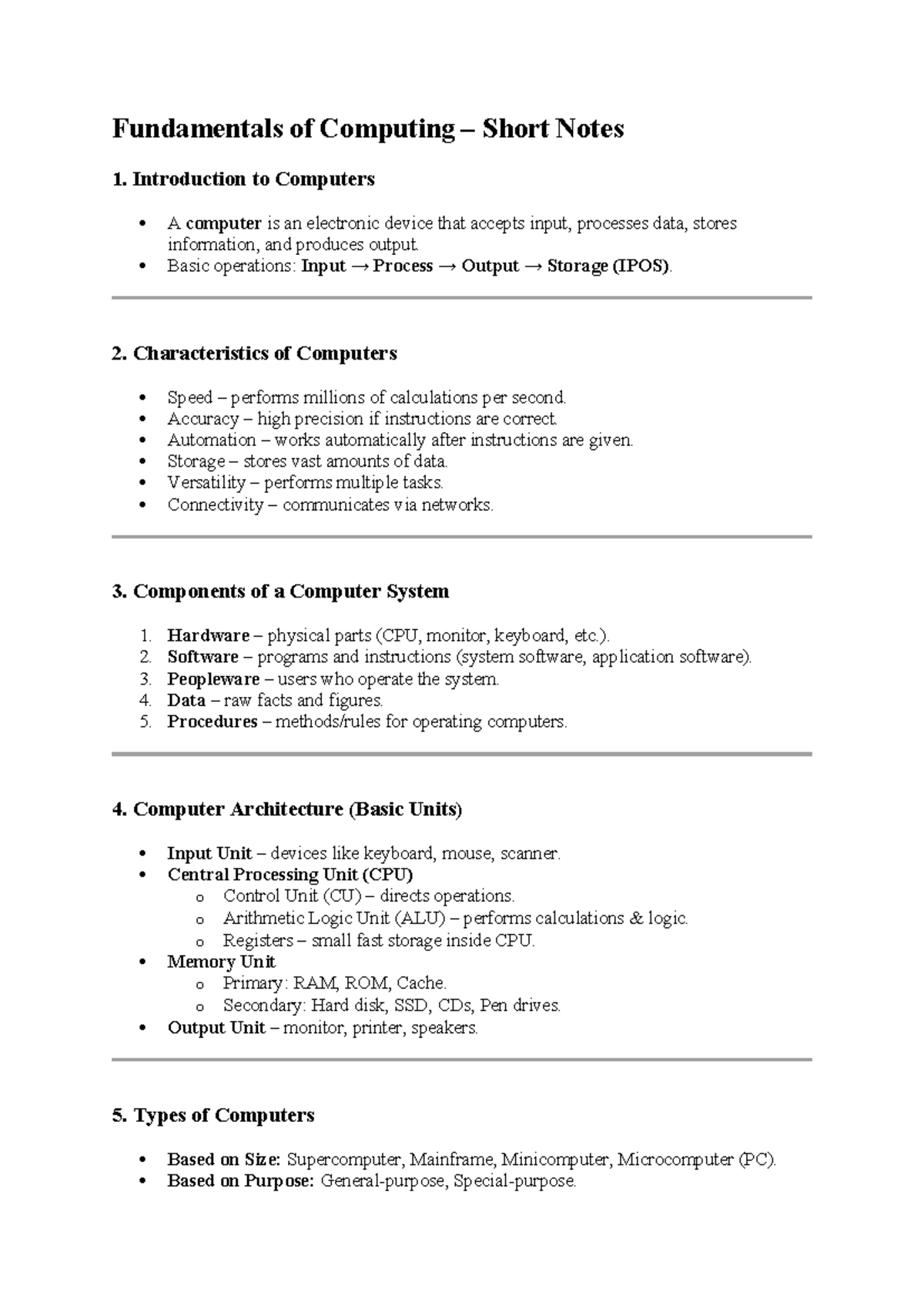 Fundamentals of Computing: Short Notes on Computer Basics - Studocu