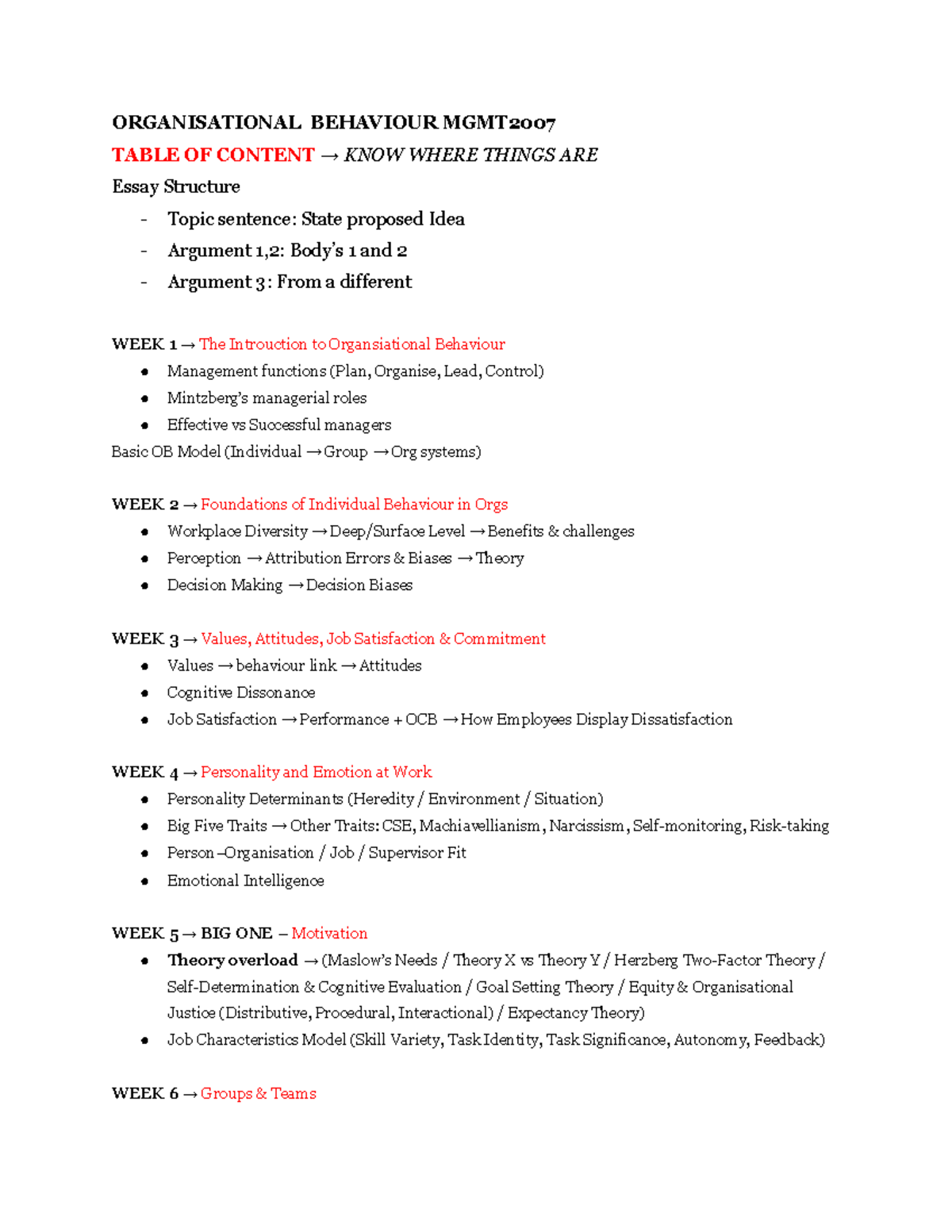 Organisational Behaviour MGMT2007: Comprehensive Essay Notes and ...