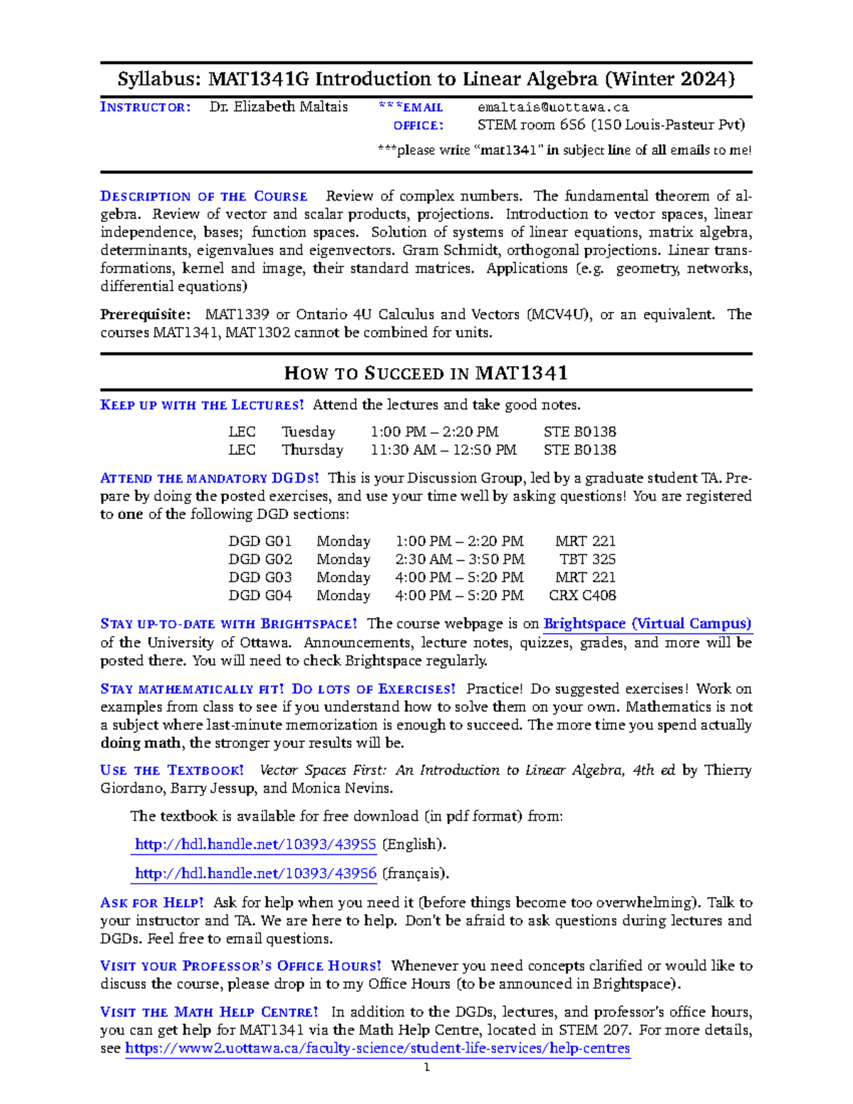 MAT1341G Syllabus: Introduction to Linear Algebra - Winter 2024 - Studocu