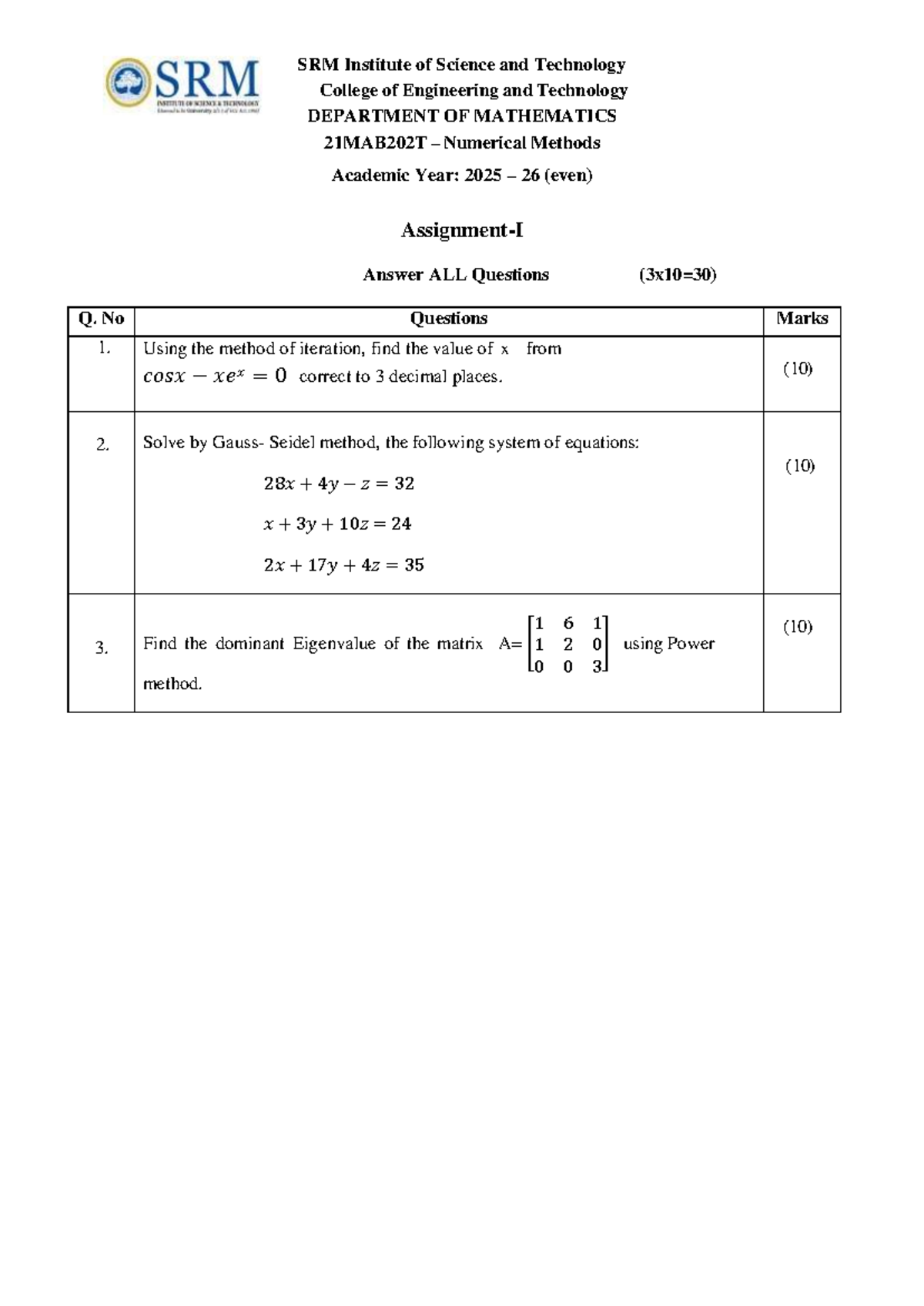 Assignment I - 21MAB202T Numerical Methods - SRM Institute of Science ...