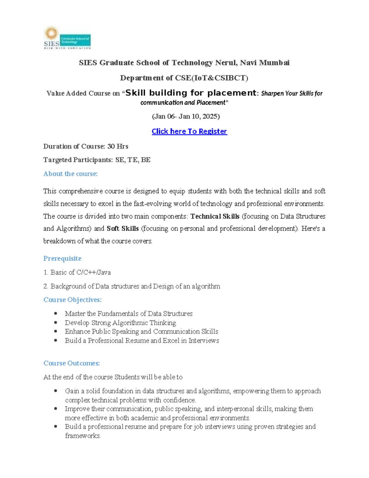 CSE-101 Value Added Course Brochure: Skill Building for Placement - Studocu