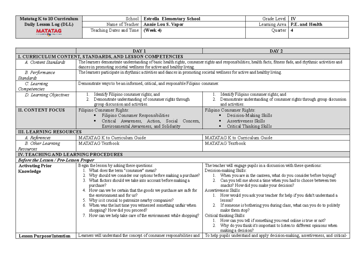 Q4-PE & Health Grade IV Week 4 Daily Lesson Log (DLL) - Studocu