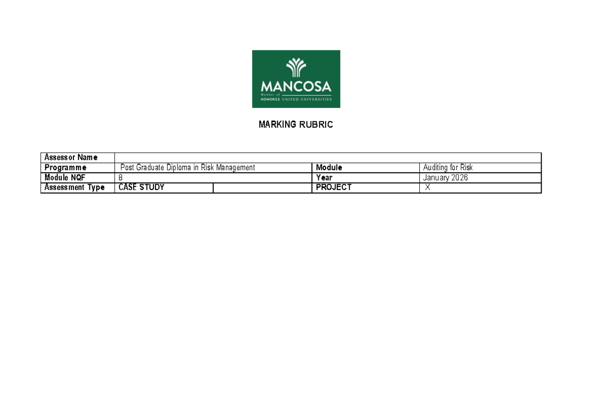 PG Diploma in Risk Management: Case Study Assessment Rubric - Studocu