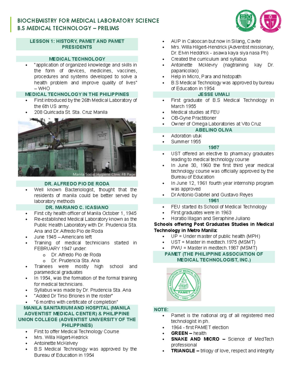 B.S. Medical Technology - Lesson 12: History & Evolution of PAMET - Studocu