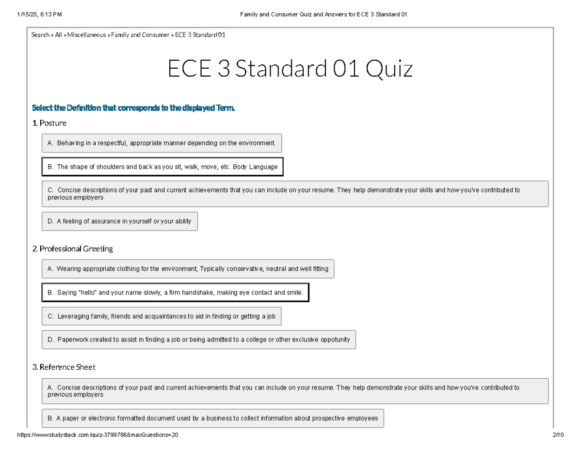 Family and Consumer Quiz and Answers for ECE 3 Standard 01 - Search ...