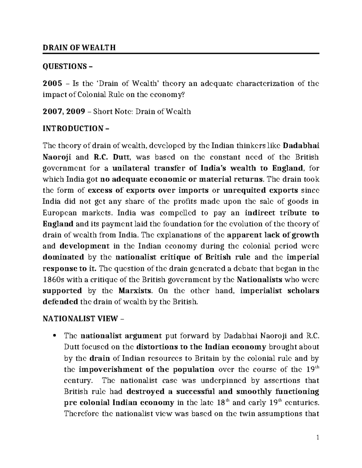 Drain of Wealth Theory: Analyzing Colonial Economic Impact - HOI 8 - Document Preview