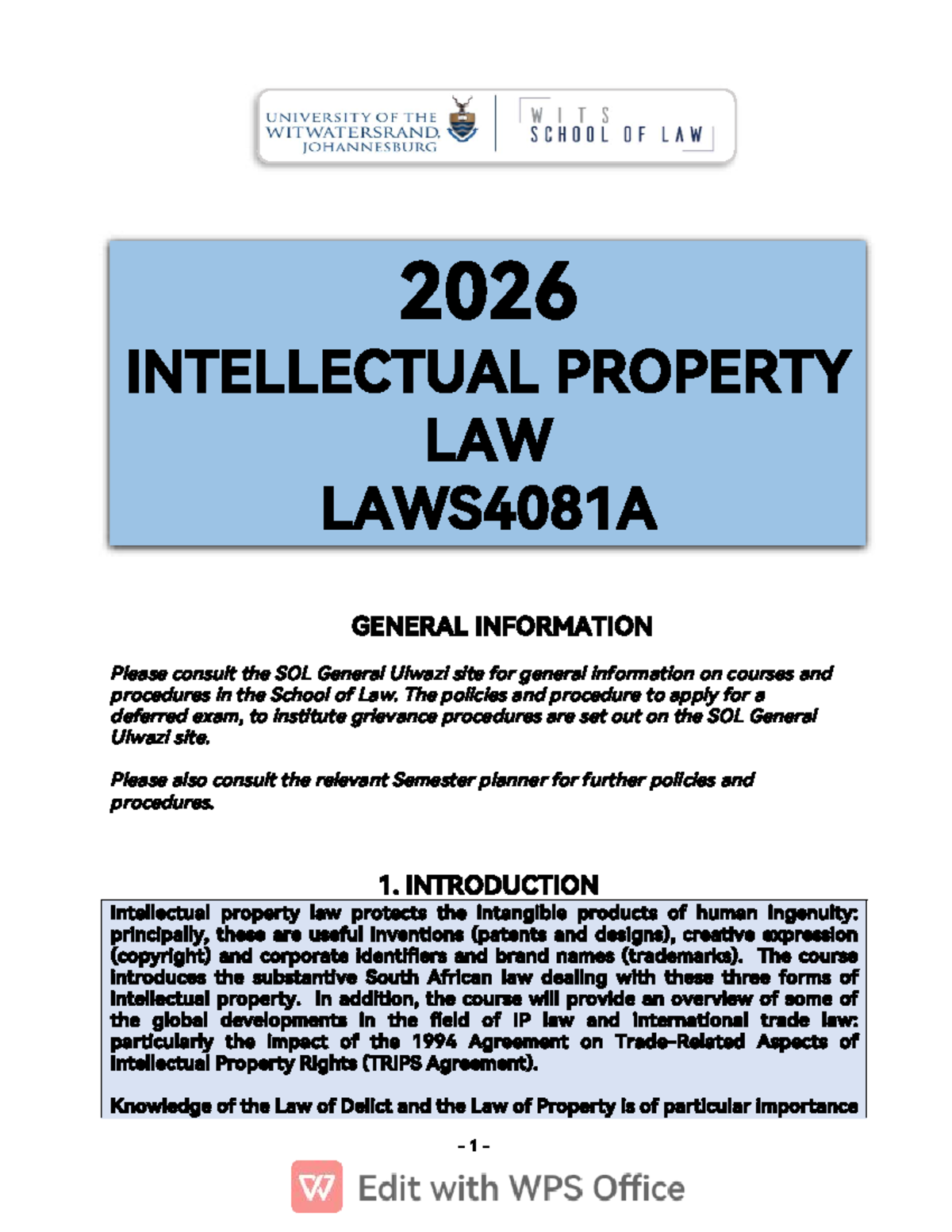 2026 LAWS4081A Intellectual Property Course Outline and Info - Studocu