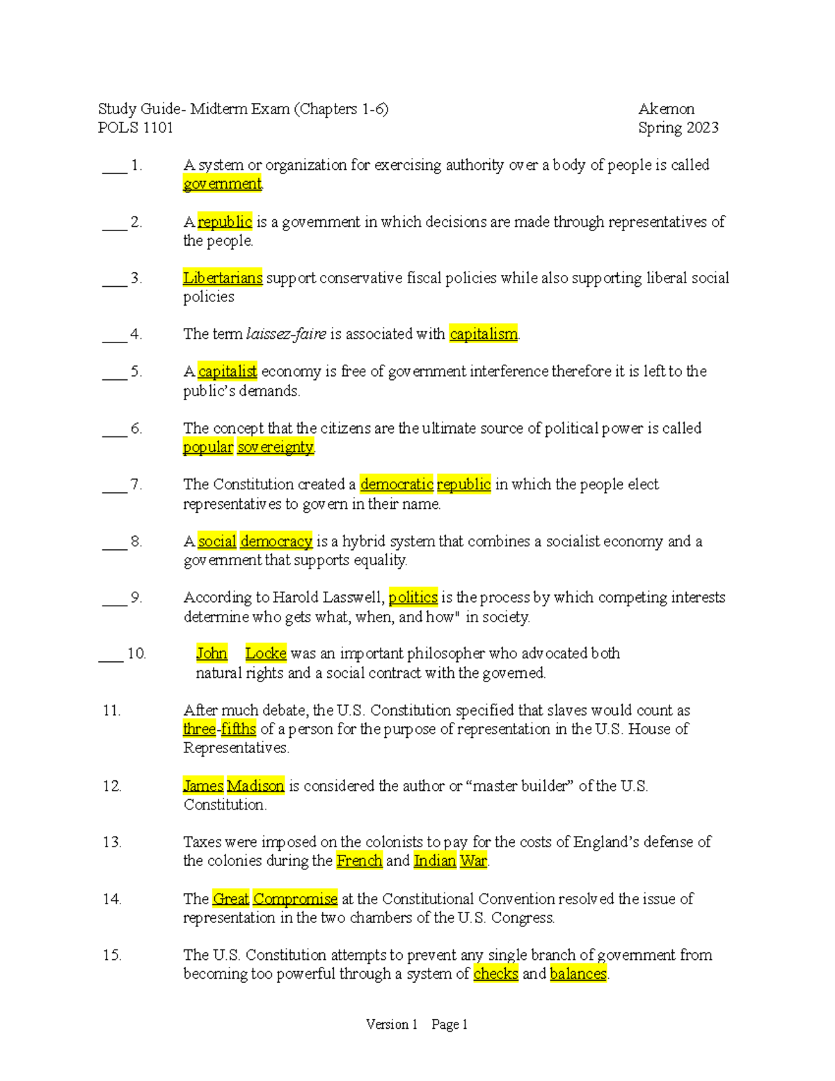 POLS 1101 Midterm Study Guide Spring 2023 (Chapters 1-6) - Studocu