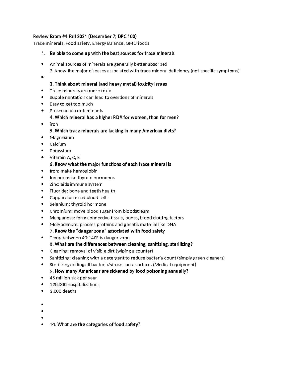 FSN 101 Final Exam Review - Trace Minerals & Food Safety Insights - Studocu