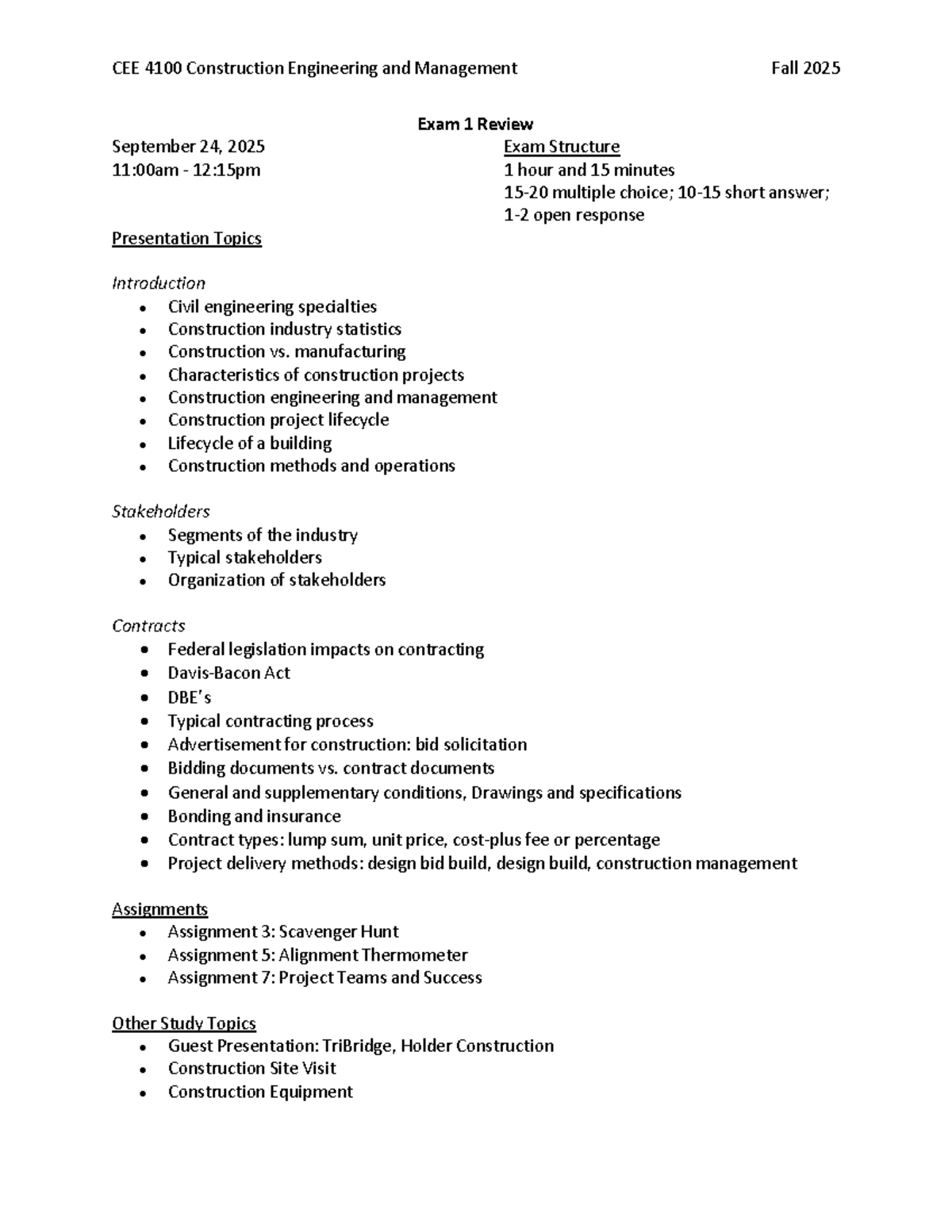 CEE 4100 Construction Engineering & Management Exam 1 Review Fall 2025 ...