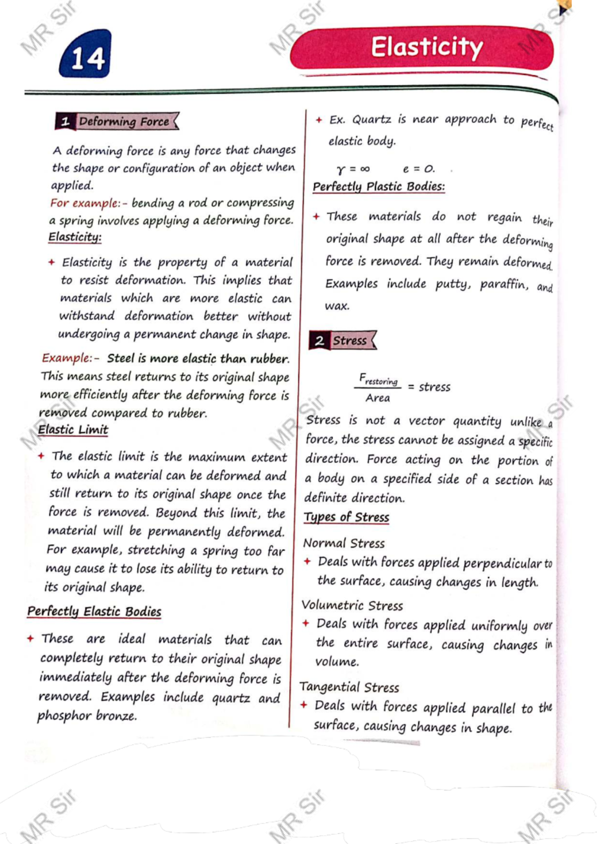 MR 14 Elasticity - Revision Notes on Deforming Forces and Stress - Studocu