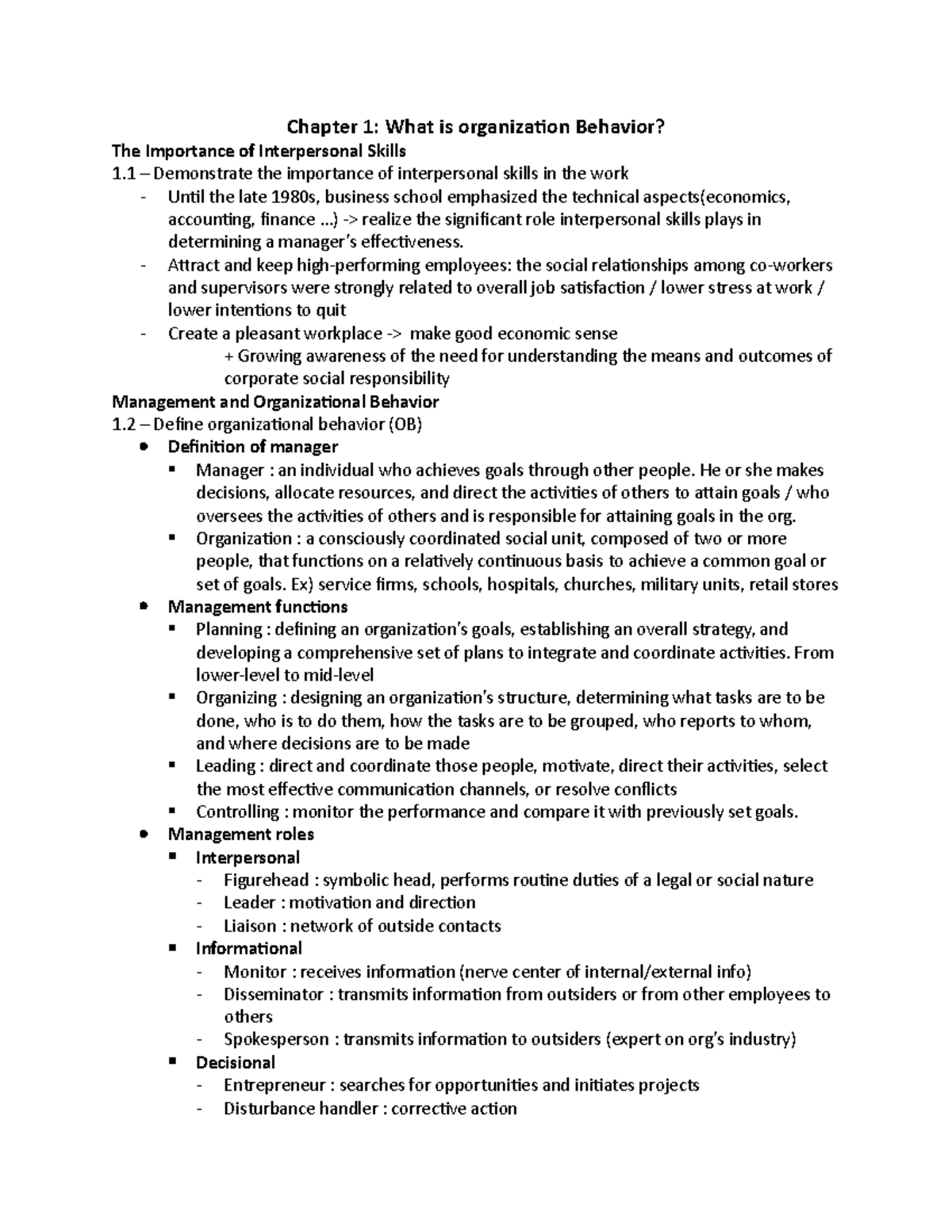 Chapter 1 - OB - summary chap 1 - Chapter 1: What is organization ...