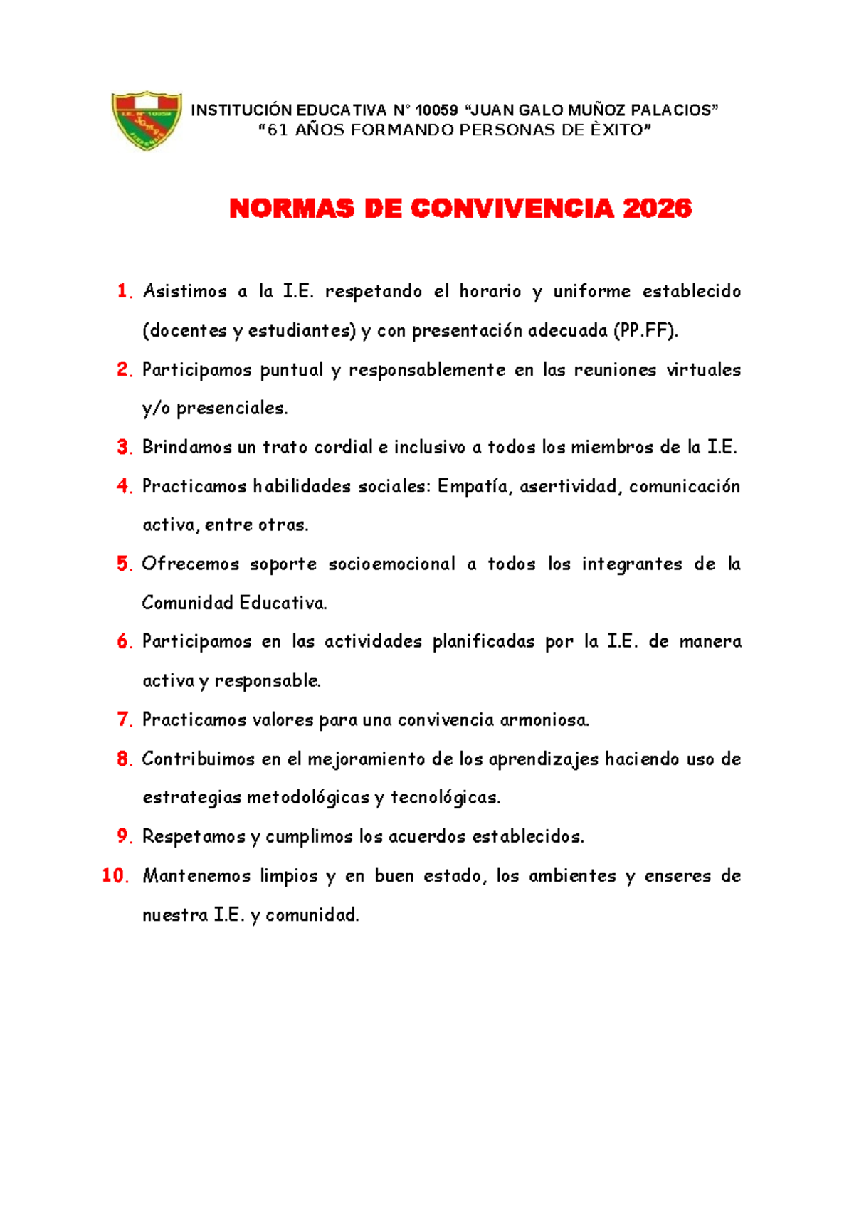 Normas de Convivencia 2025 - I.E. 10059 Galo Muñoz - Studocu