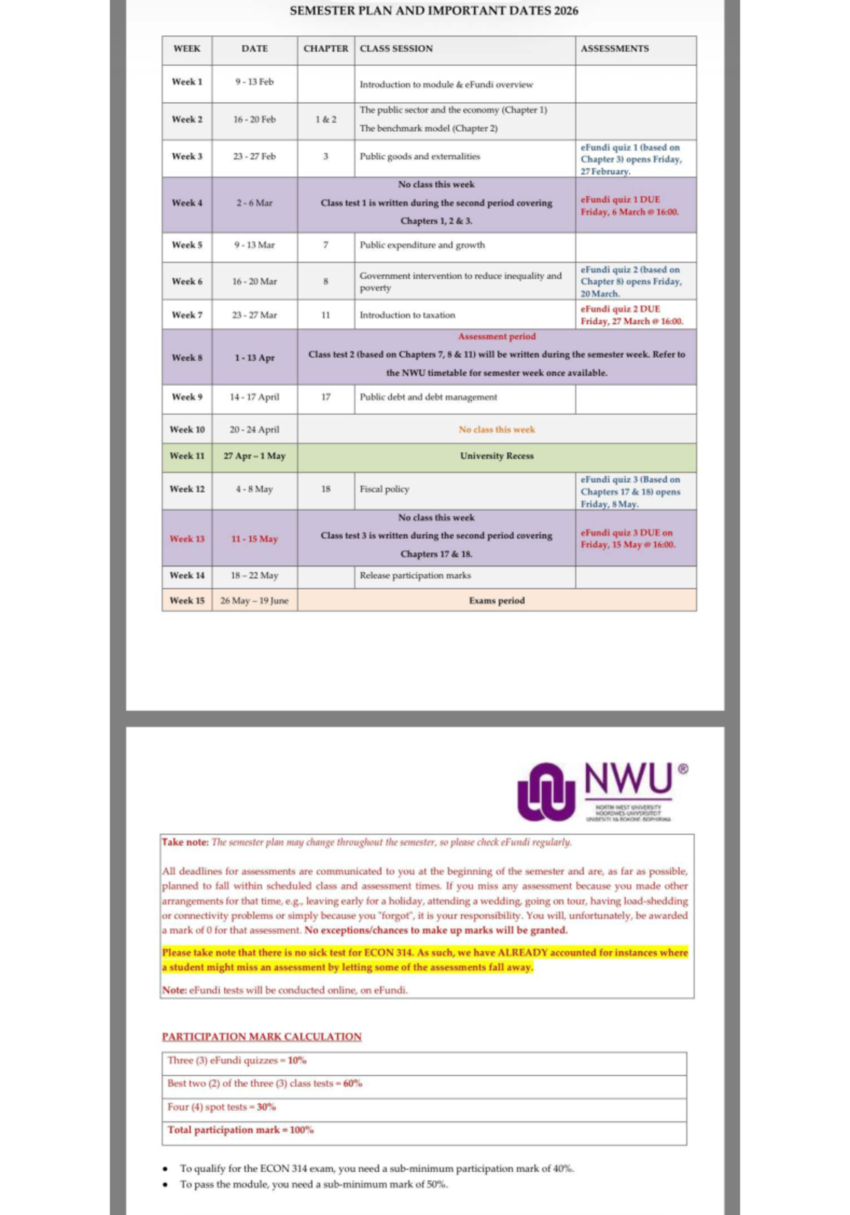 Econ 314 Semester Plan & Important Dates 2026 - Studocu